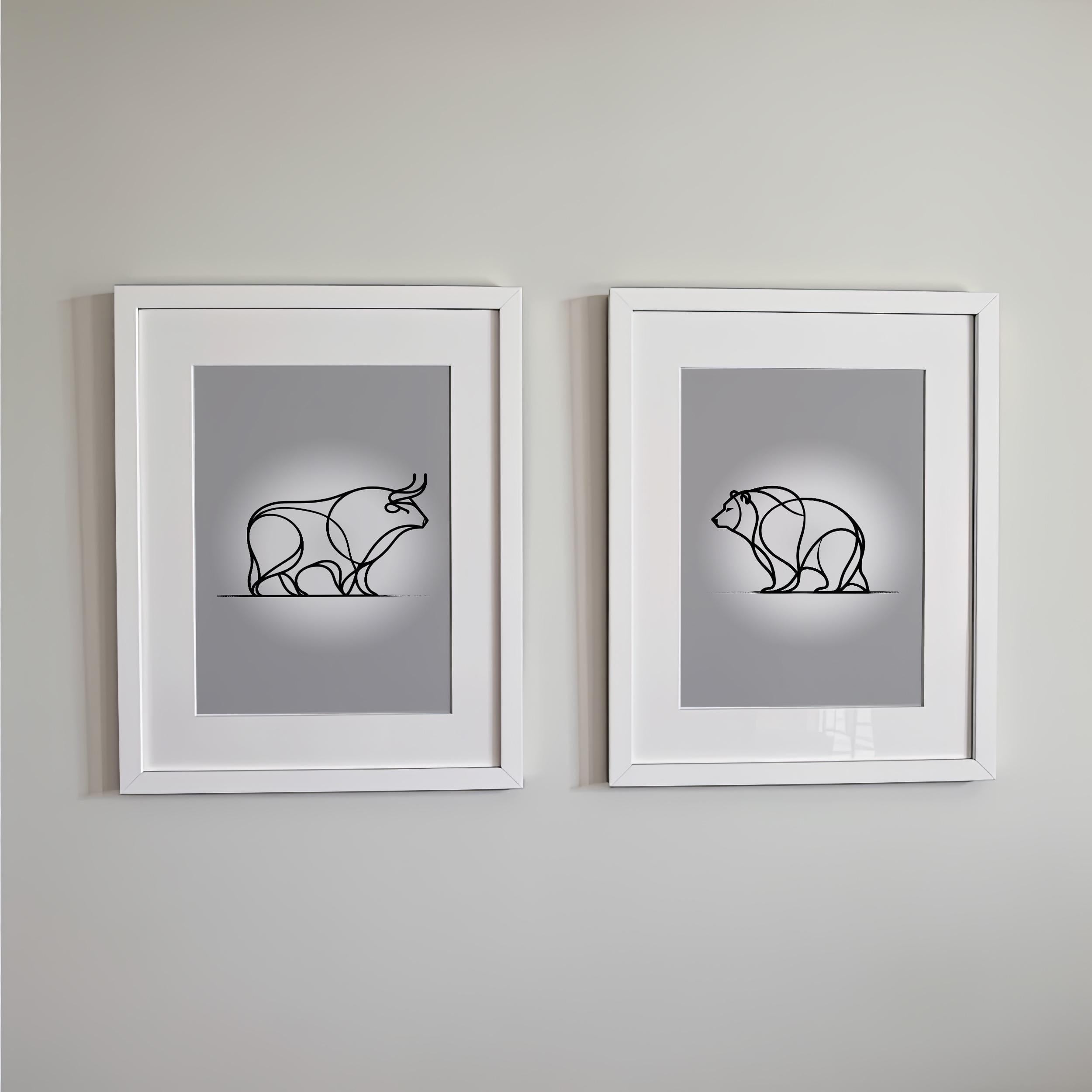 Boğa ve Ayı Çizgi Sanatı Poster Seti – Modern Trader Ofis Dekorasyonu