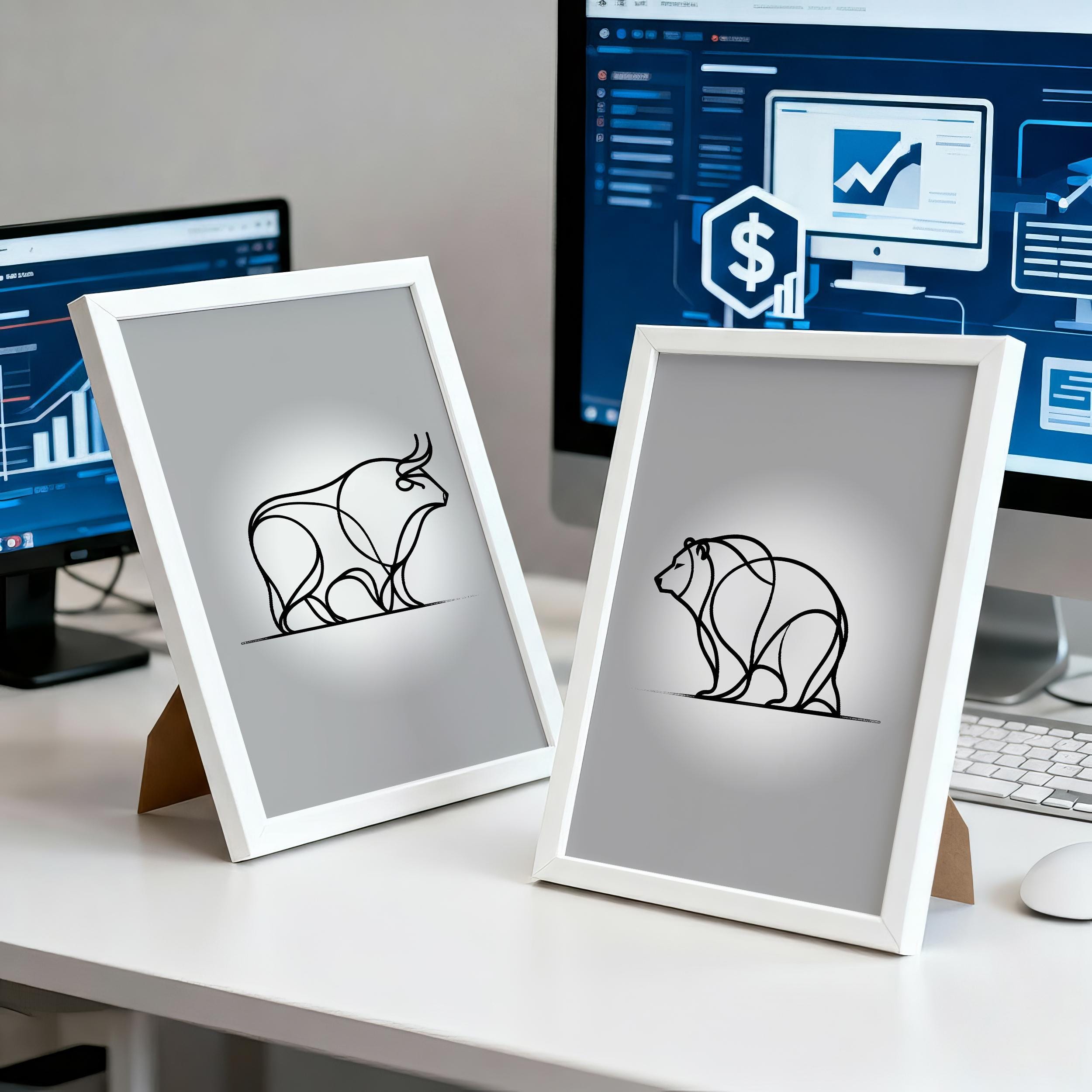Boğa ve Ayı Çizgi Sanatı Poster Seti – Modern Trader Ofis Dekorasyonu