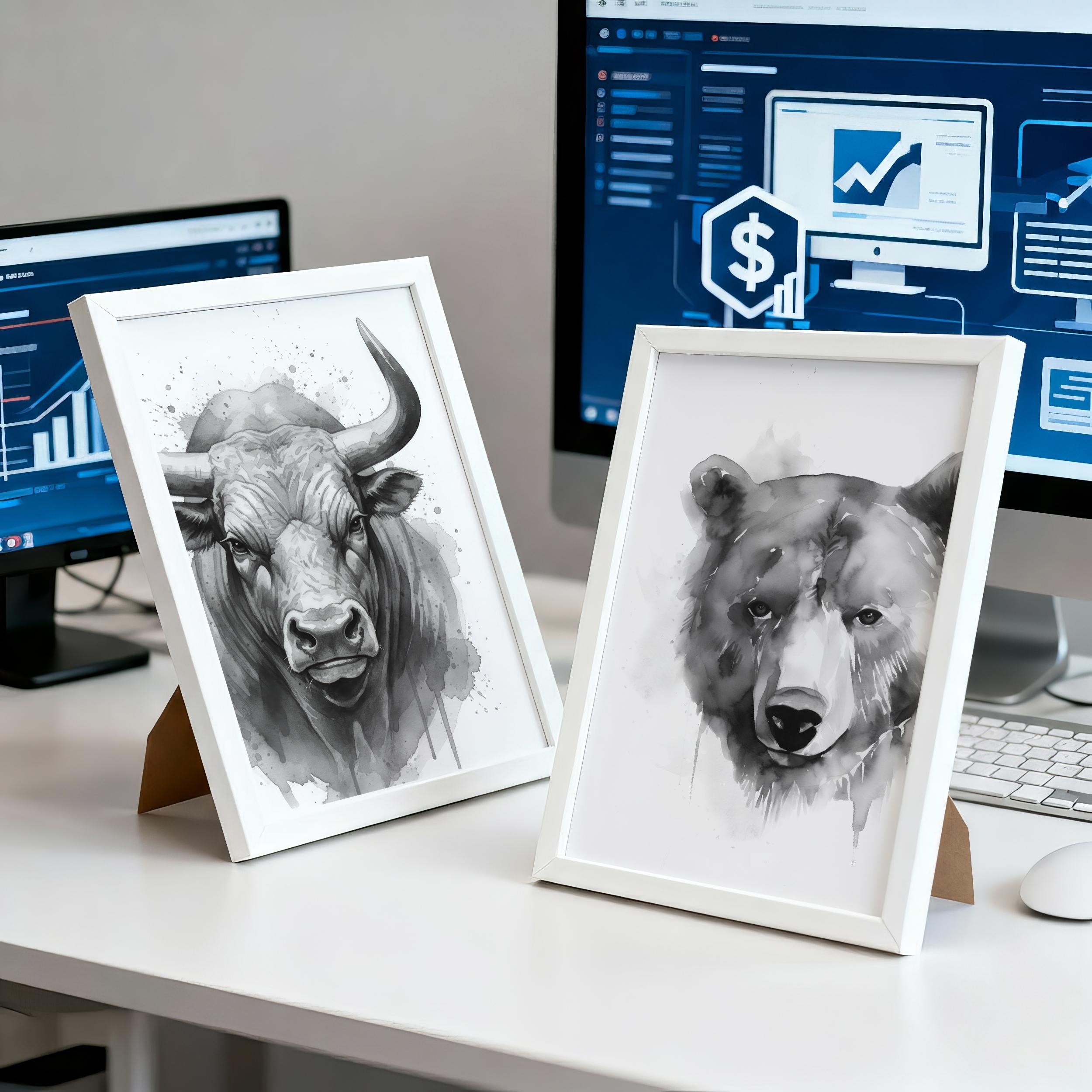 Boğa ve Ayı Suluboya Poster Seti – Minimalist Trader Duvar Sanatı