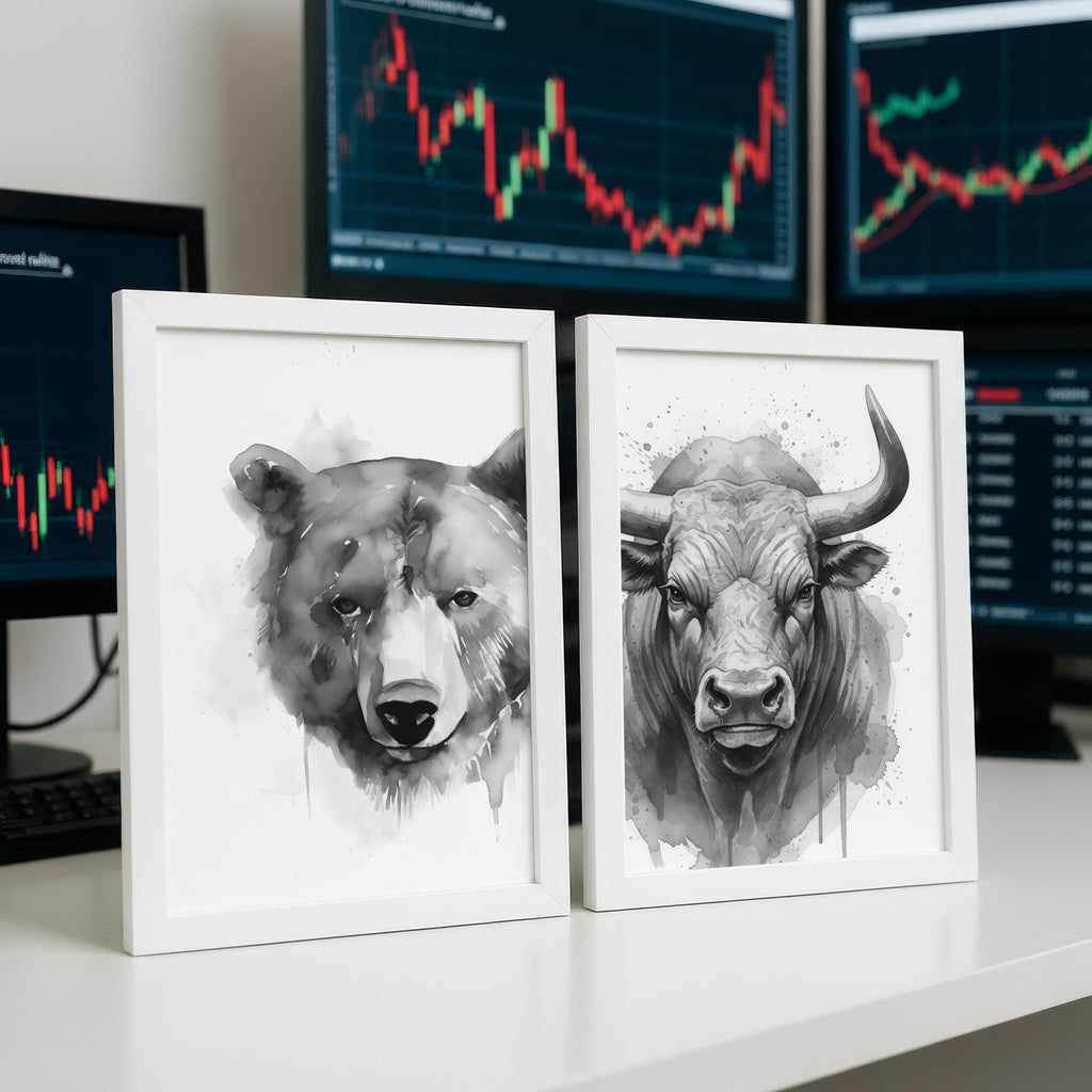 Boğa ve Ayı Suluboya Poster Seti – Minimalist Trader Duvar Sanatı
