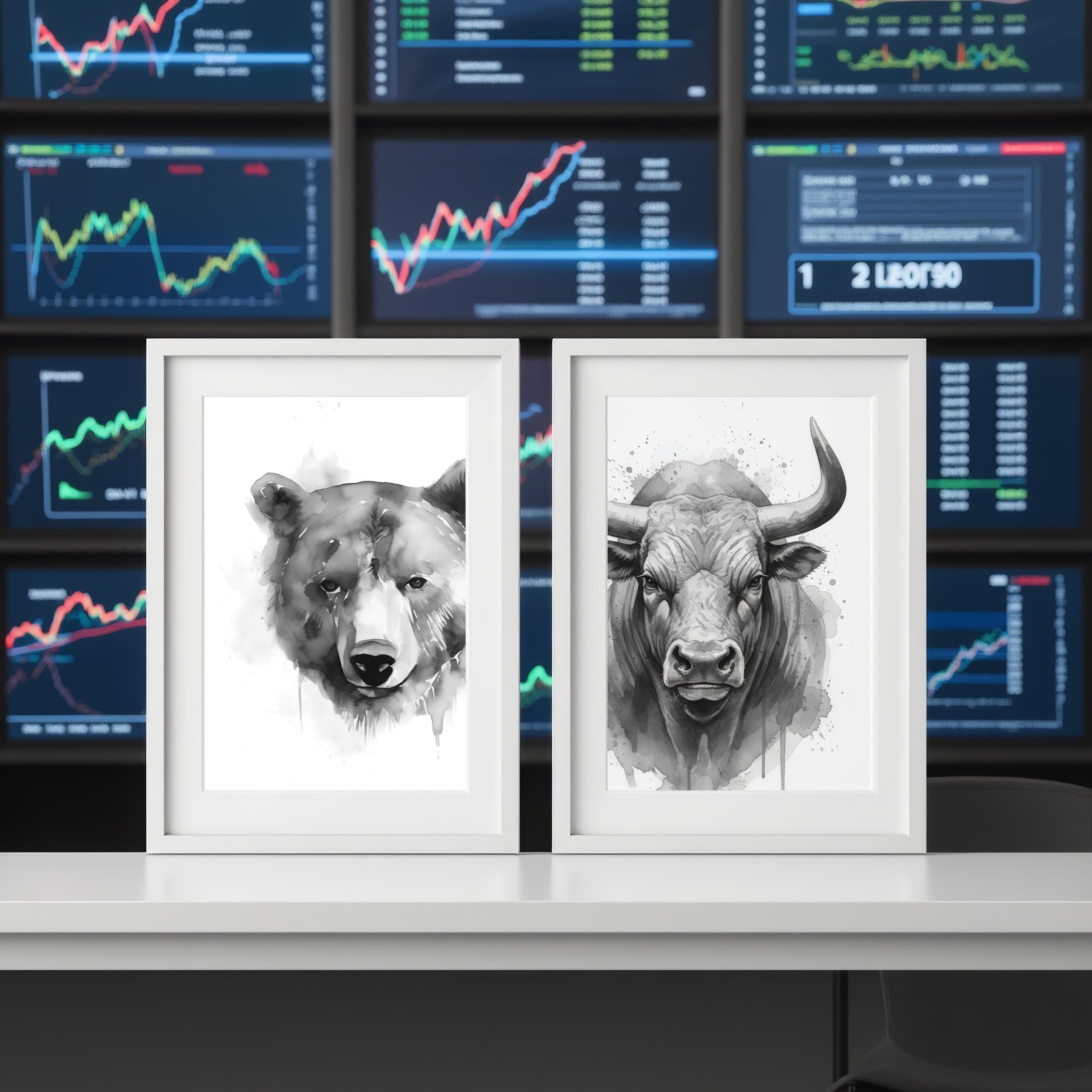 Boğa ve Ayı Suluboya Poster Seti – Minimalist Trader Duvar Sanatı