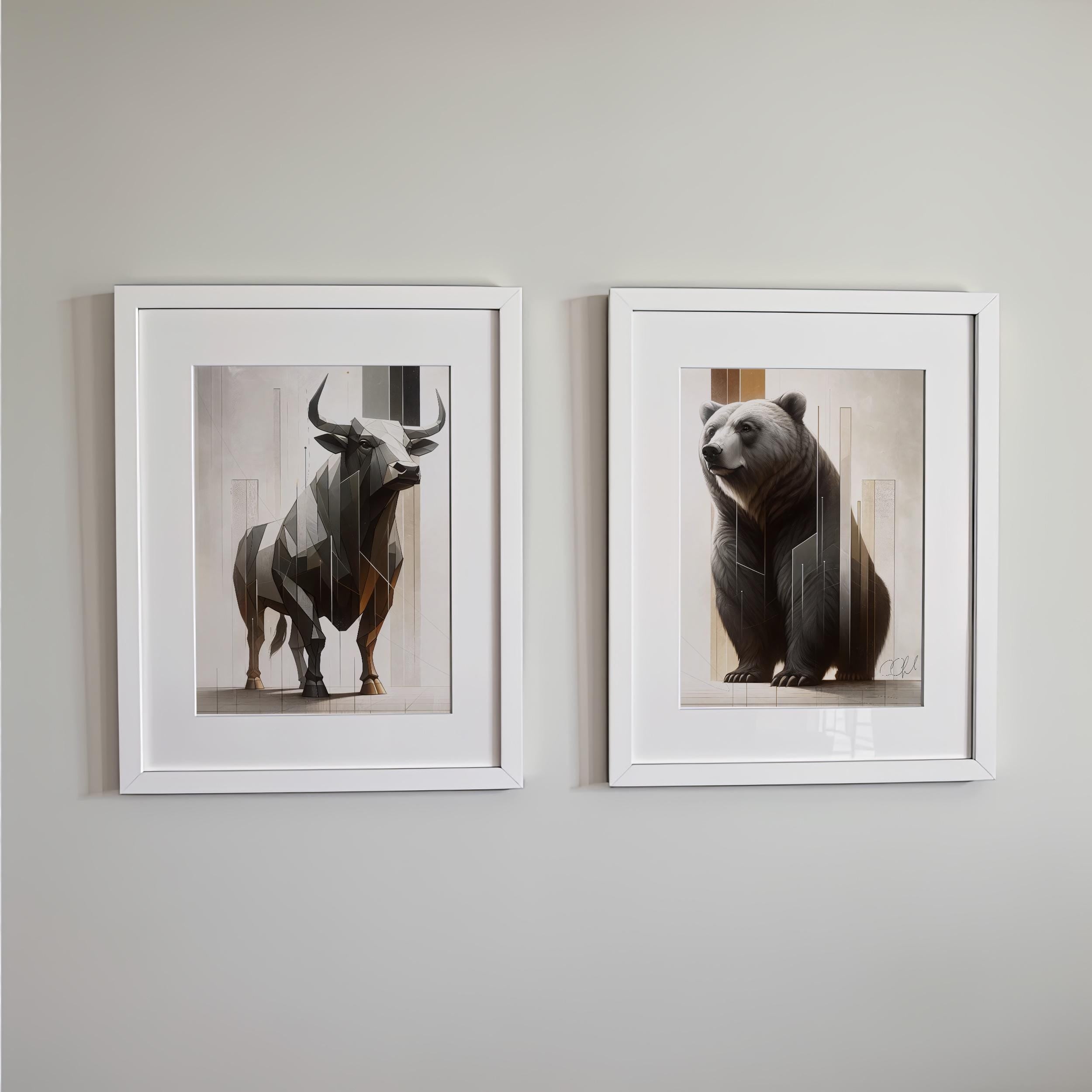 Geometrik Boğa ve Ayı Poster Seti – Modern Finans Sanatı