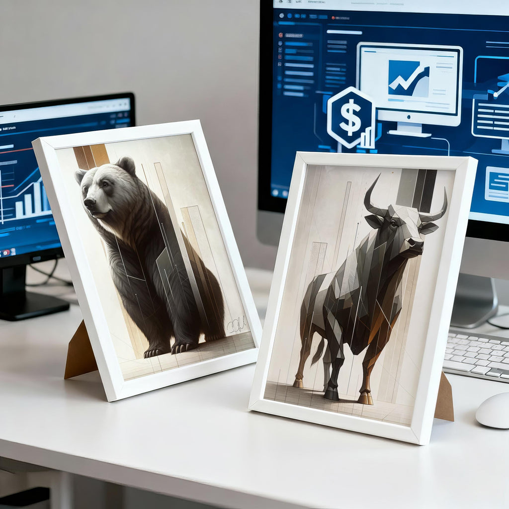 Geometrik Boğa ve Ayı Poster Seti – Modern Finans Sanatı