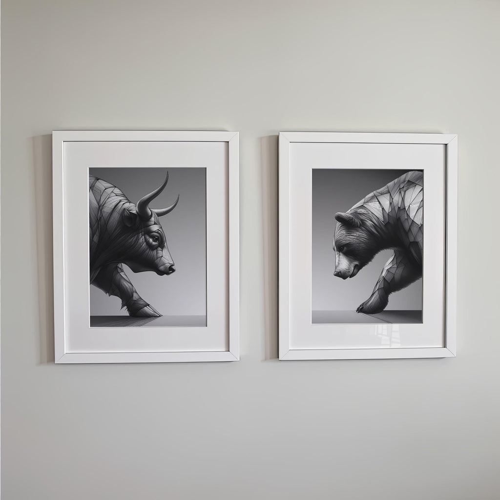 Boğa ve Ayı Eskiz Sanat Seti | Siyah Beyaz Borsa Posteri | Trader Ofis Dekorasyonu