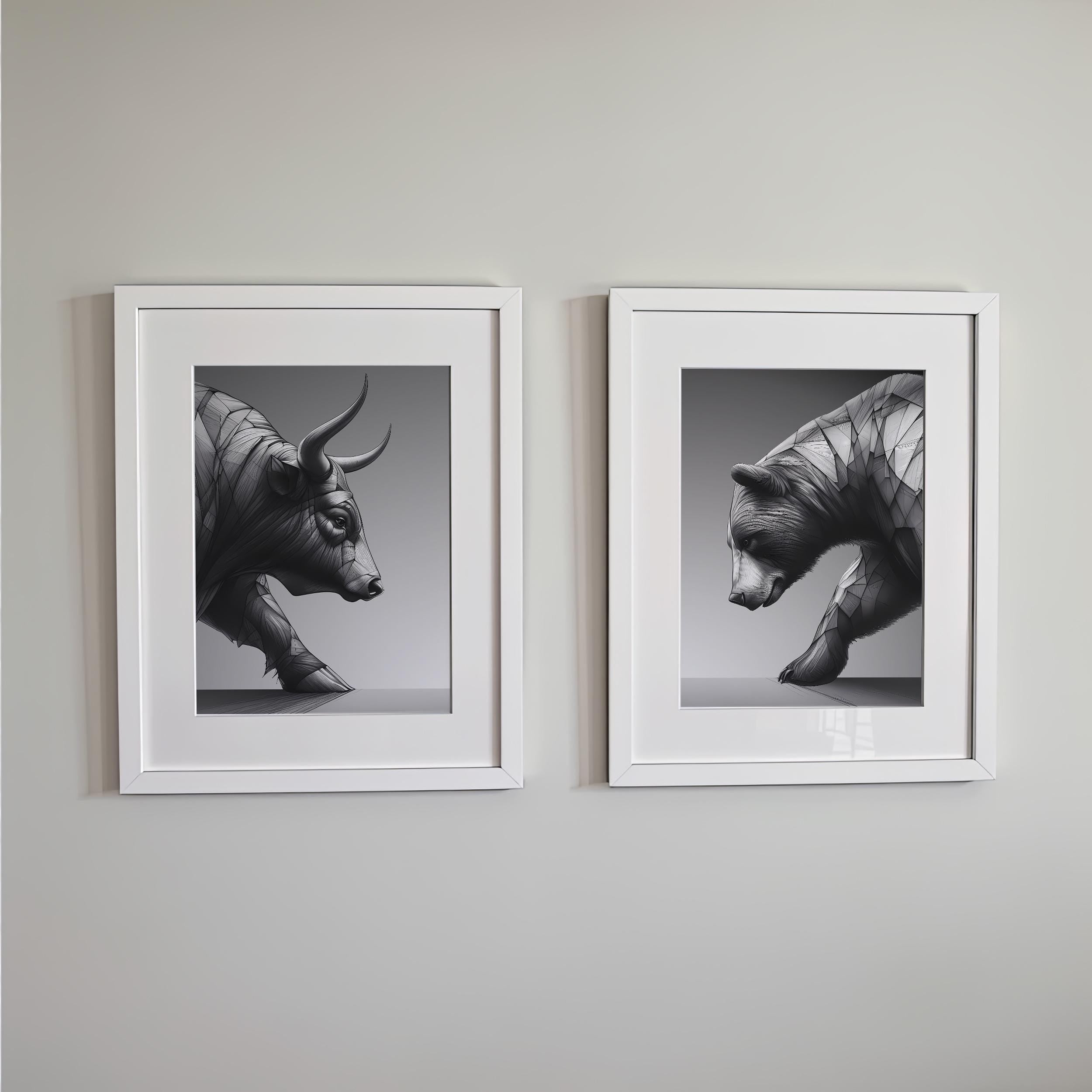 Boğa ve Ayı Eskiz Sanat Seti | Siyah Beyaz Borsa Posteri | Trader Ofis Dekorasyonu