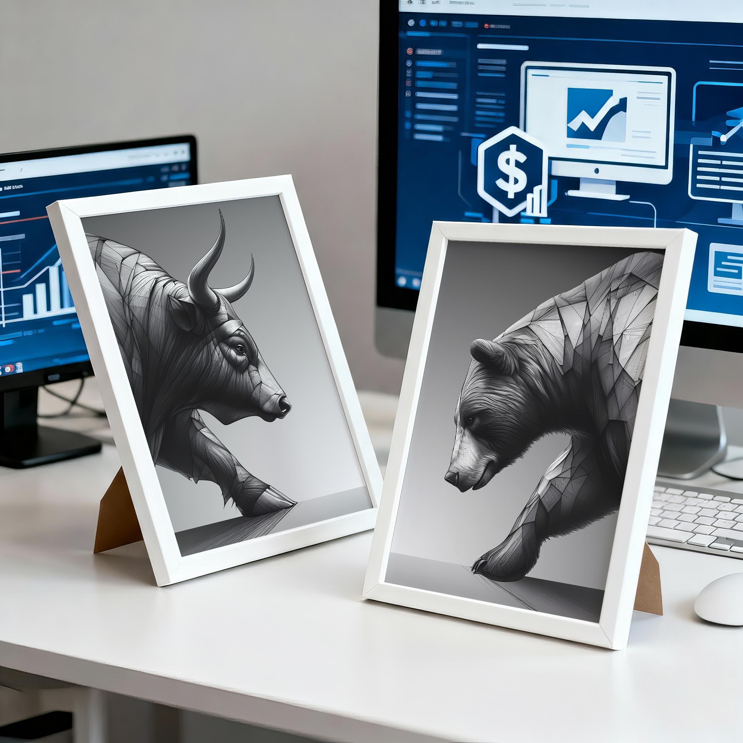 Boğa ve Ayı Eskiz Sanat Seti | Siyah Beyaz Borsa Posteri | Trader Ofis Dekorasyonu