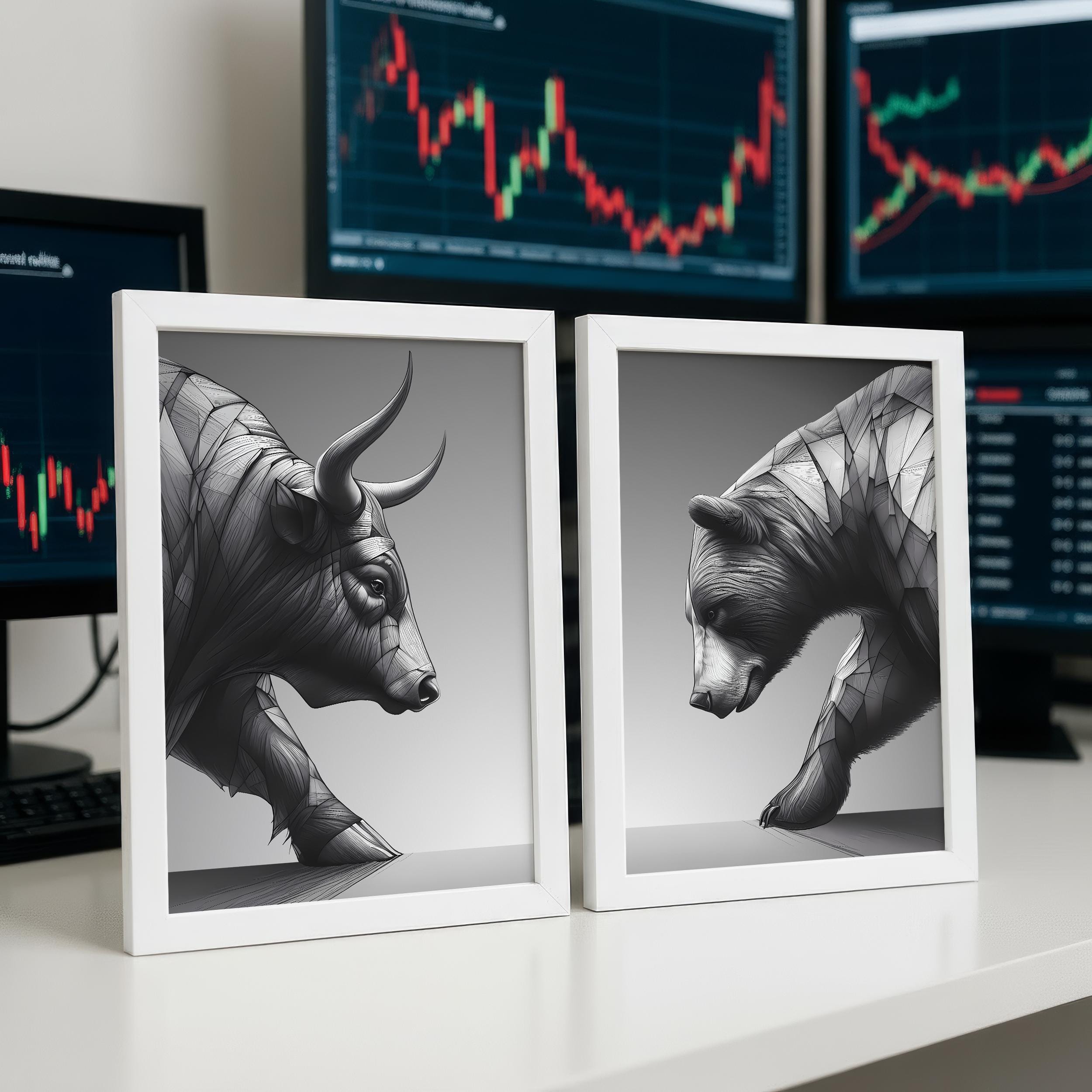 Boğa ve Ayı Eskiz Sanat Seti | Siyah Beyaz Borsa Posteri | Trader Ofis Dekorasyonu