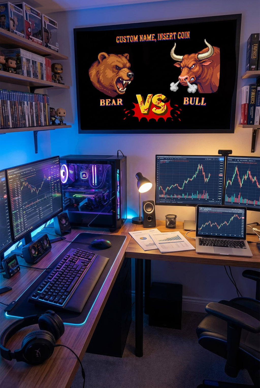Kişiselleştirilmiş Bear vs Bull Retro Arcade Posteri | Özel İsimli Borsa Duvar Tablosu | Trader & Oyuncu Hediyesi | 3 Boyut Seçeneği