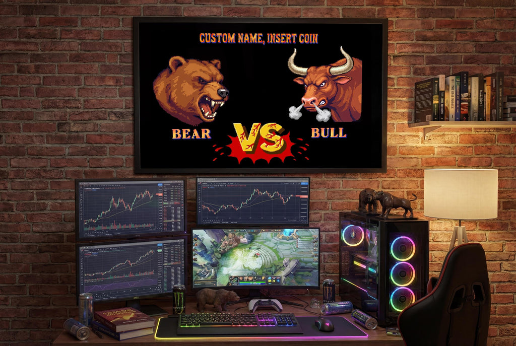 Kişiselleştirilmiş Bear vs Bull Retro Arcade Posteri | Özel İsimli Borsa Duvar Tablosu | Trader & Oyuncu Hediyesi | 3 Boyut Seçeneği
