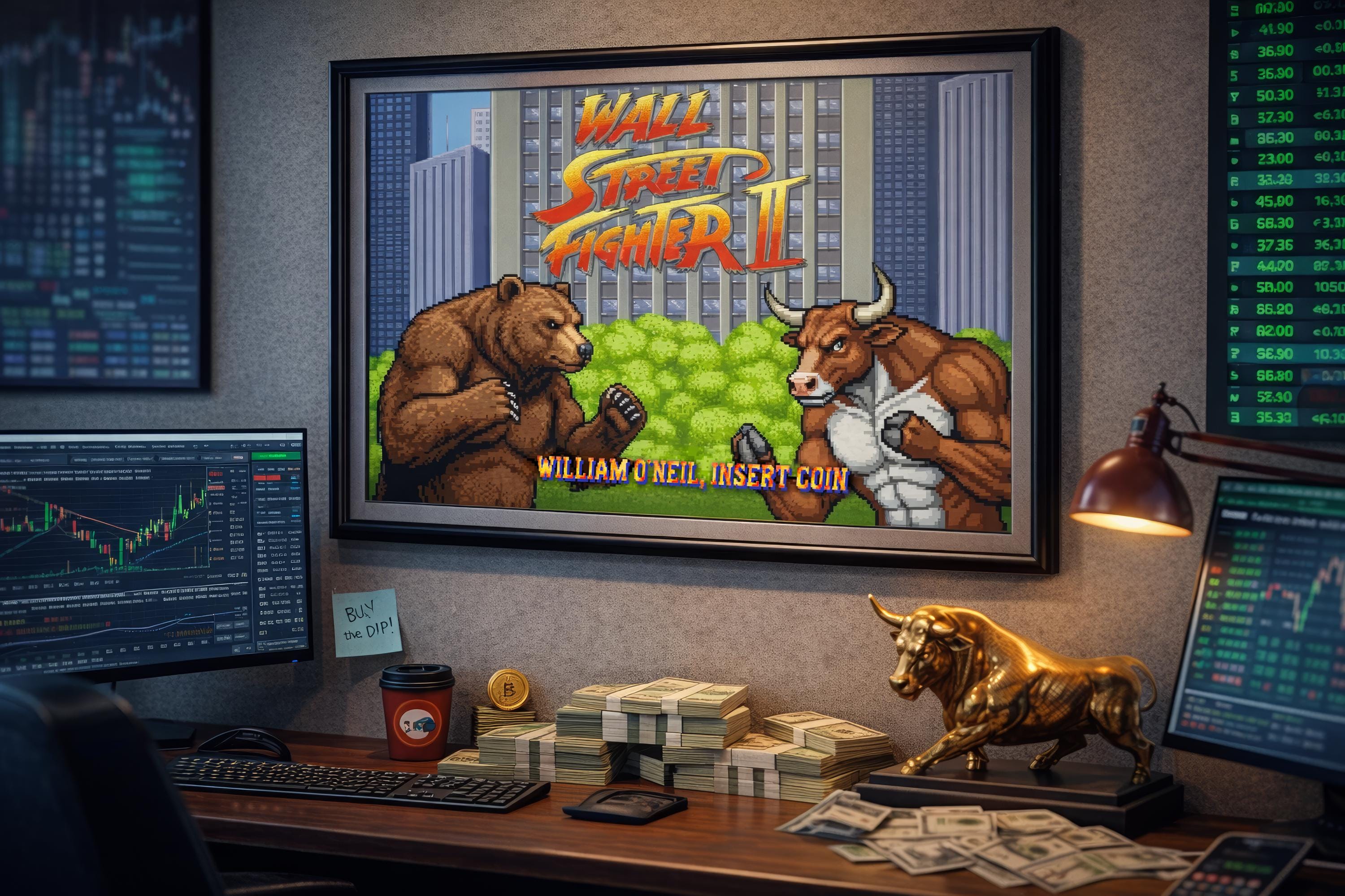 Wall Street Fighter II — Bear vs Bull Piksel Sanatı Posteri | Özel İsimli Retro Arcade Trader Duvar Tablosu | Kişiye Özel Hediye