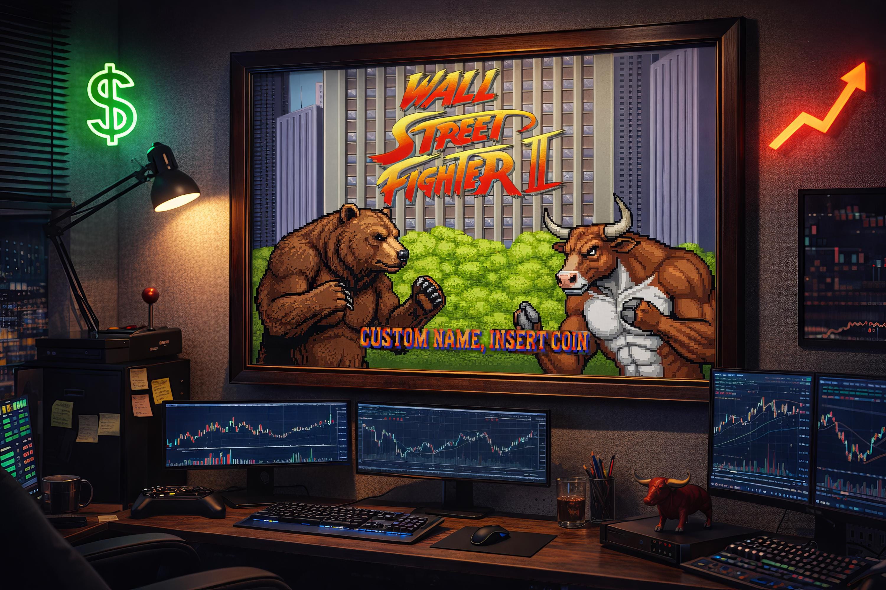 Wall Street Fighter II — Bear vs Bull Piksel Sanatı Posteri | Özel İsimli Retro Arcade Trader Duvar Tablosu | Kişiye Özel Hediye