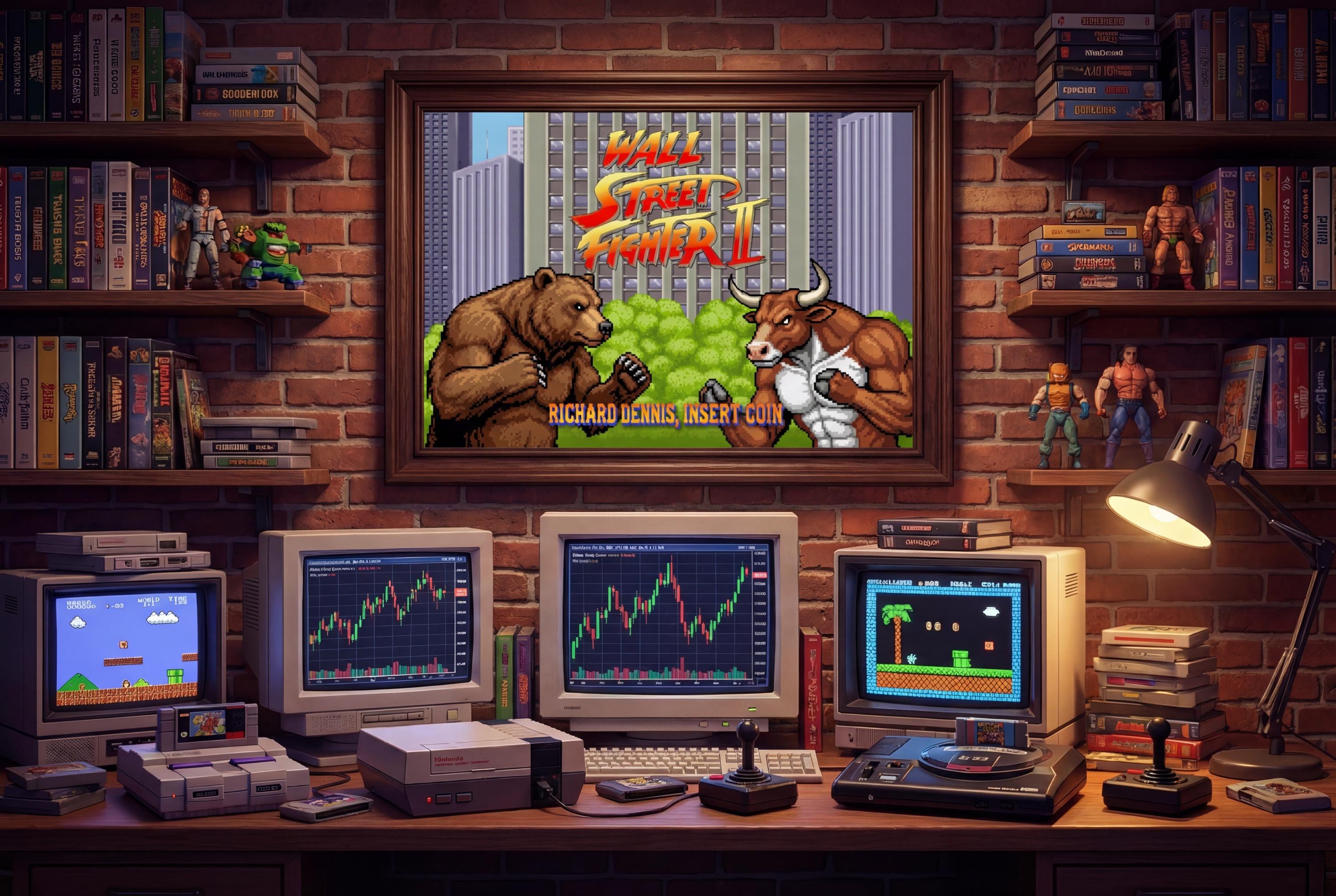 Wall Street Fighter II — Bear vs Bull Piksel Sanatı Posteri | Özel İsimli Retro Arcade Trader Duvar Tablosu | Kişiye Özel Hediye