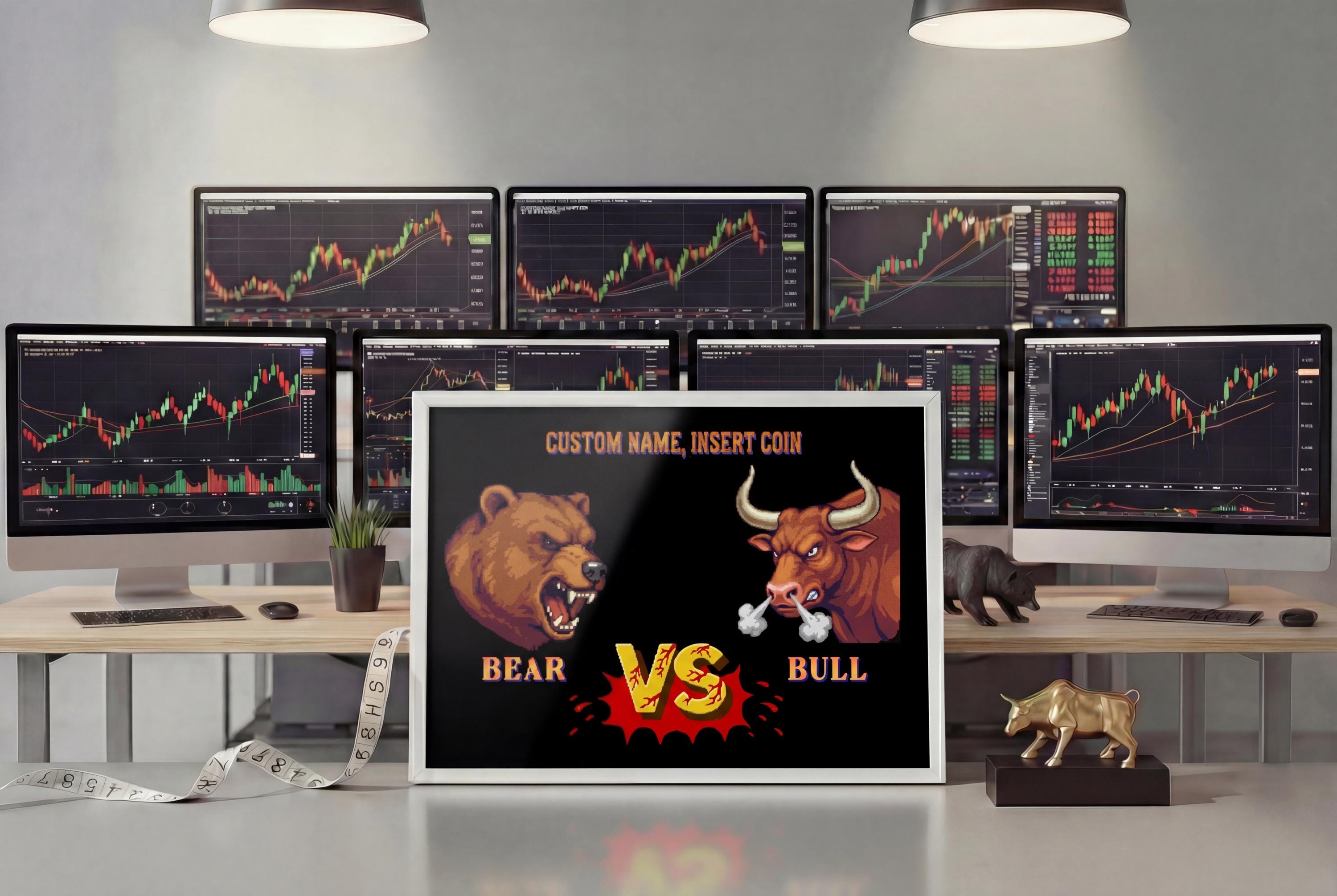 Kişiselleştirilmiş Bear vs Bull Retro Arcade Posteri | Özel İsimli Borsa Duvar Tablosu | Trader & Oyuncu Hediyesi | 3 Boyut Seçeneği