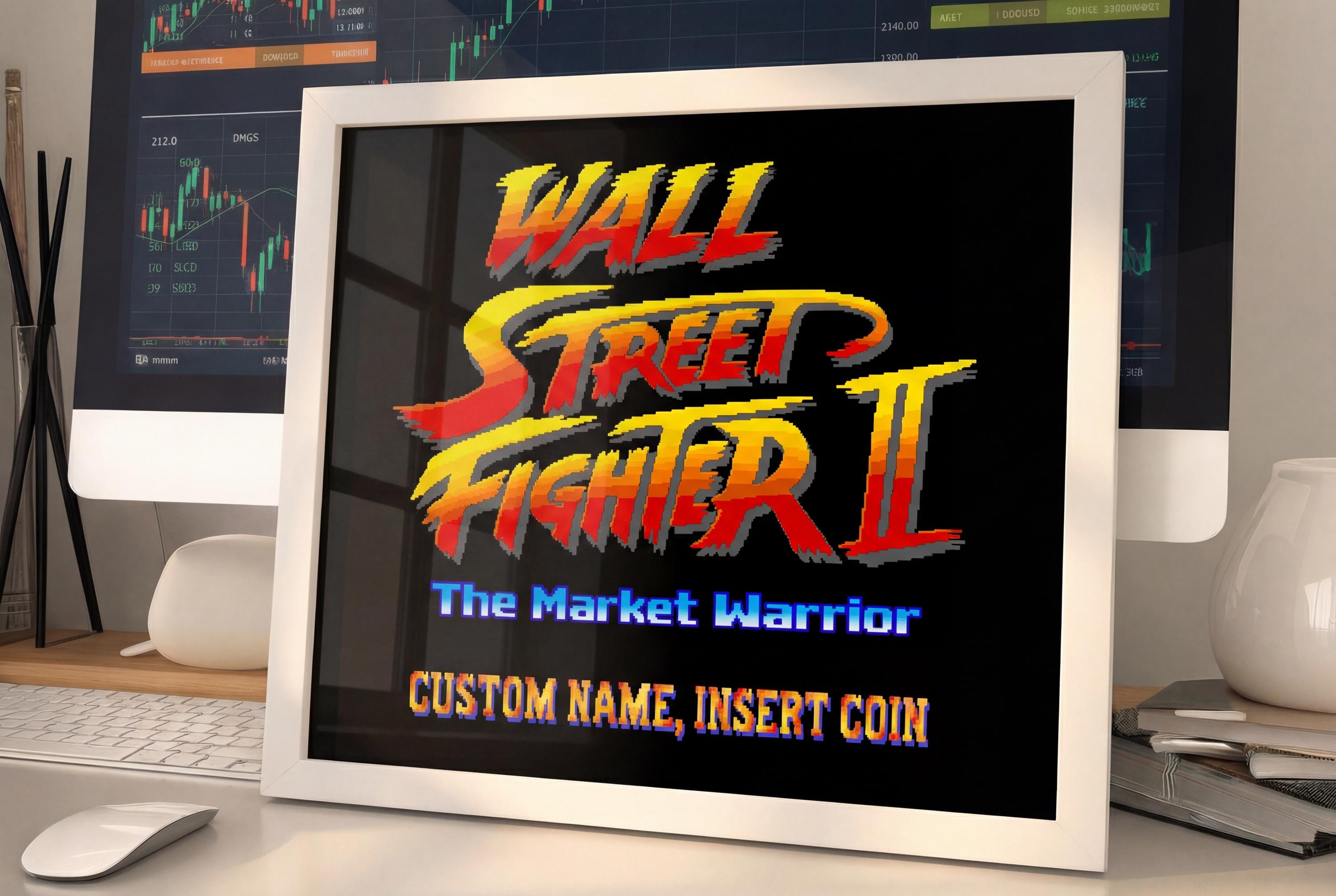 Market Warrior — Özel İsimli Retro Arcade Trader Posteri | Piksel Sanatı Duvar Tablosu | Borsa & Gaming Hediyesi | Wall Street Fighter