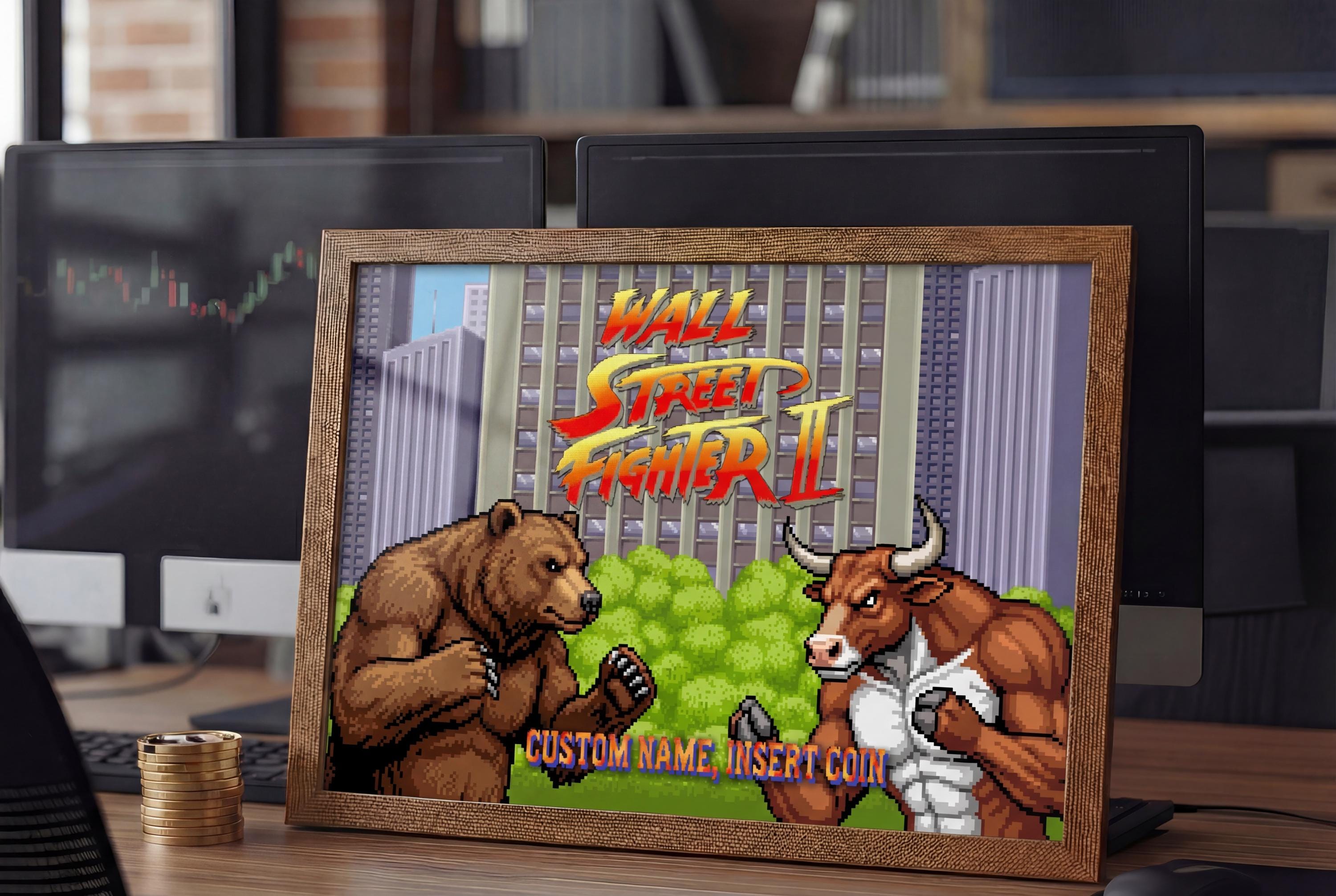 Wall Street Fighter II — Bear vs Bull Piksel Sanatı Posteri | Özel İsimli Retro Arcade Trader Duvar Tablosu | Kişiye Özel Hediye