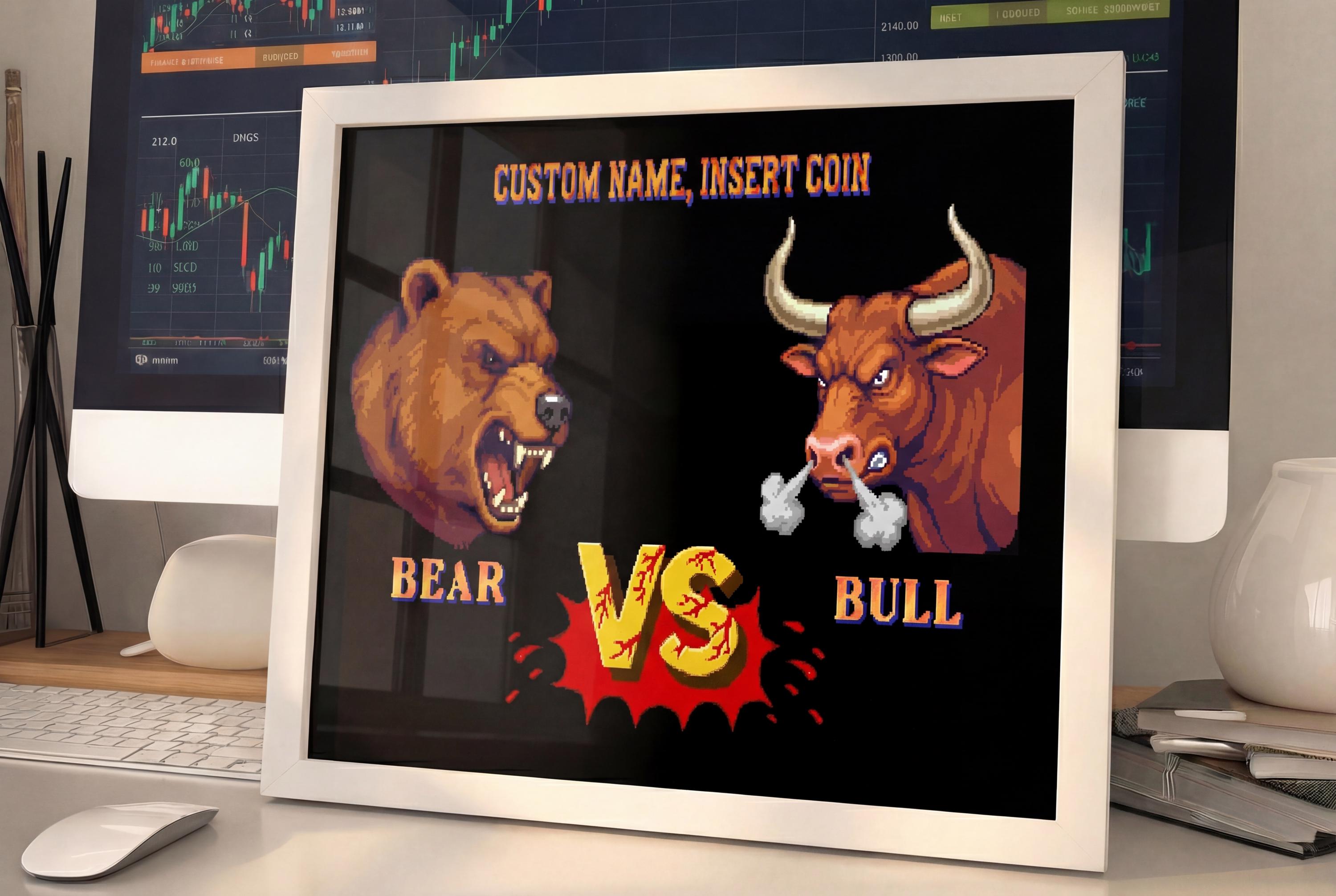 Kişiselleştirilmiş Bear vs Bull Retro Arcade Posteri | Özel İsimli Borsa Duvar Tablosu | Trader & Oyuncu Hediyesi | 3 Boyut Seçeneği