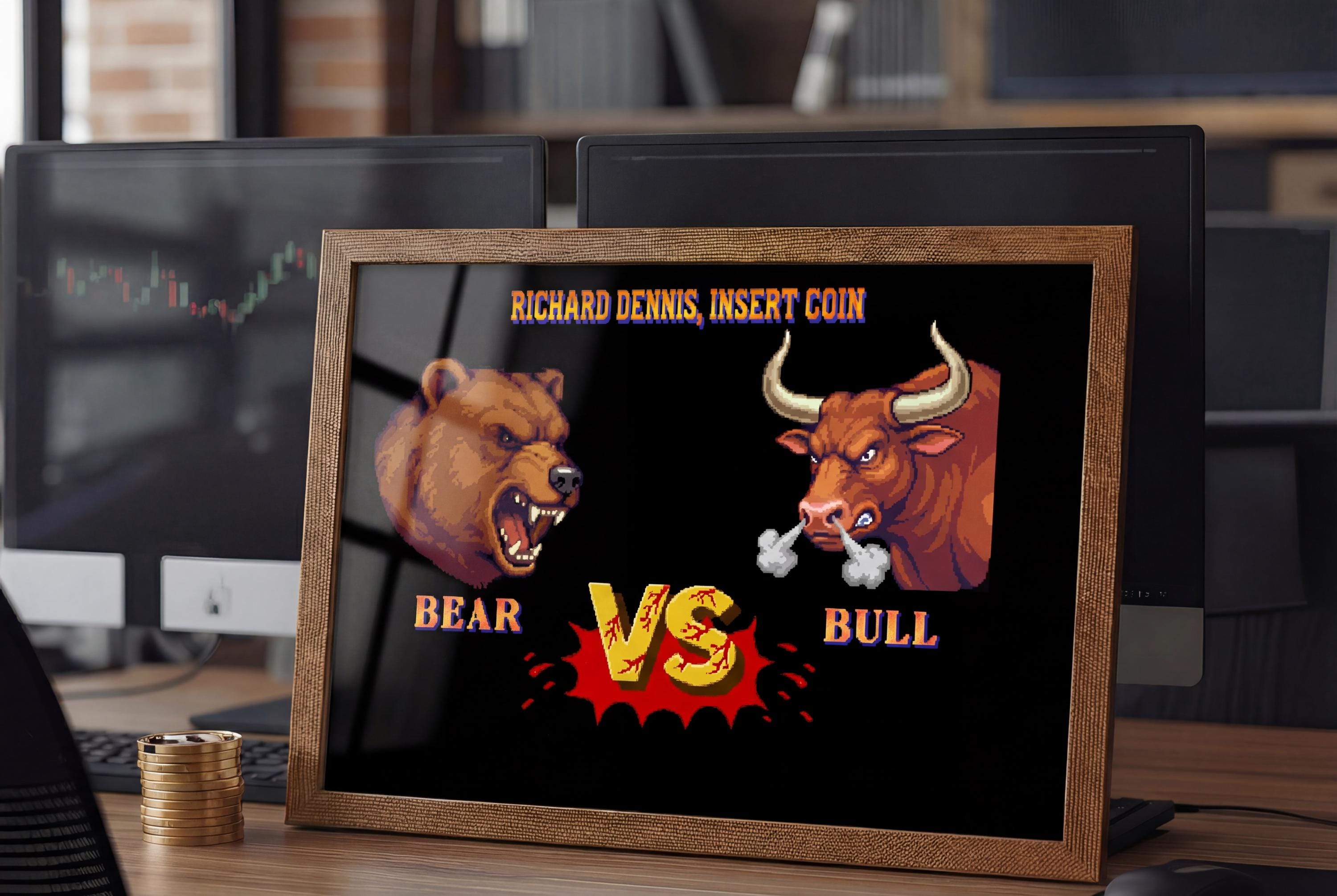 Kişiselleştirilmiş Bear vs Bull Retro Arcade Posteri | Özel İsimli Borsa Duvar Tablosu | Trader & Oyuncu Hediyesi | 3 Boyut Seçeneği