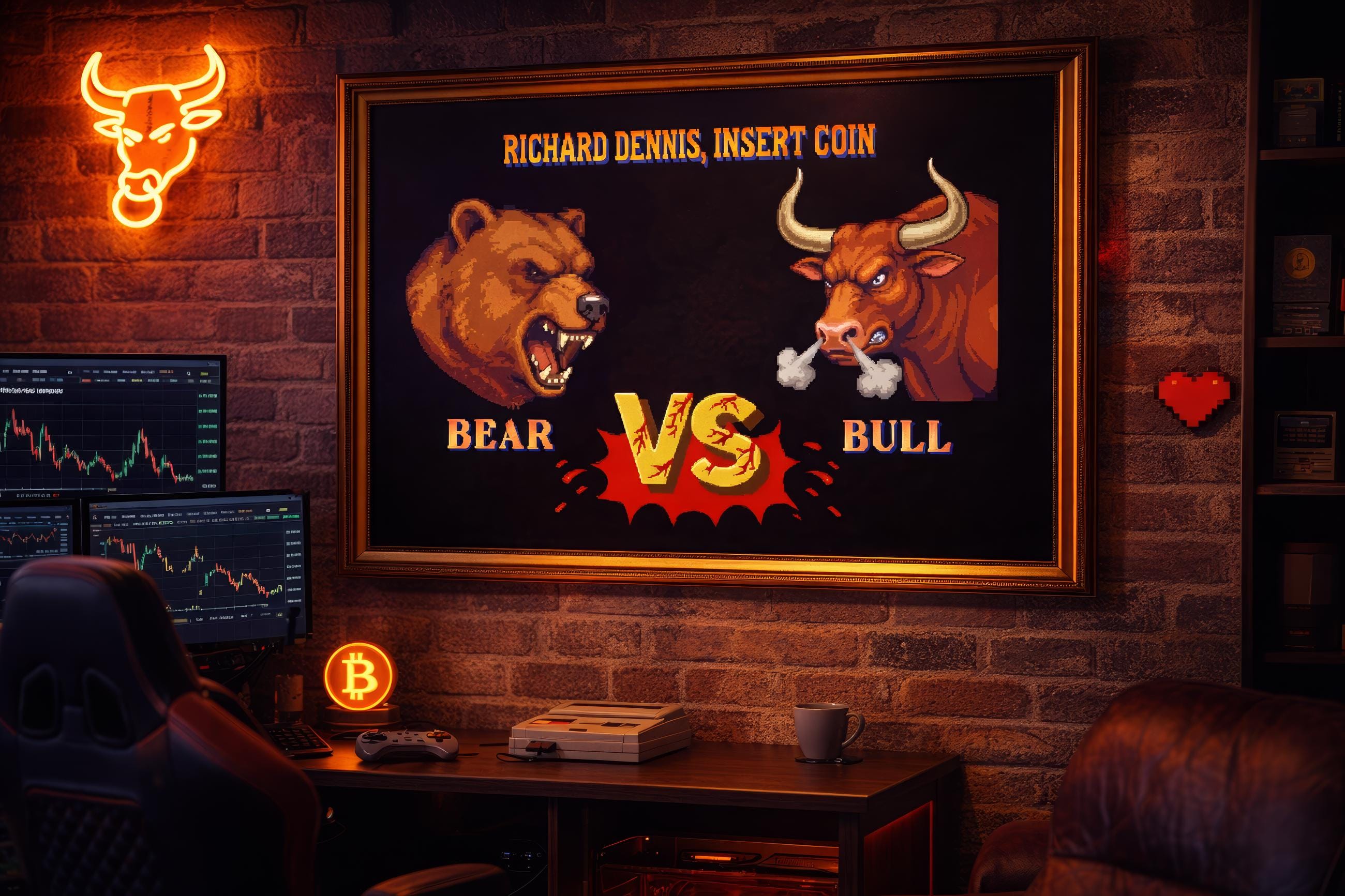 Kişiselleştirilmiş Bear vs Bull Retro Arcade Posteri | Özel İsimli Borsa Duvar Tablosu | Trader & Oyuncu Hediyesi | 3 Boyut Seçeneği