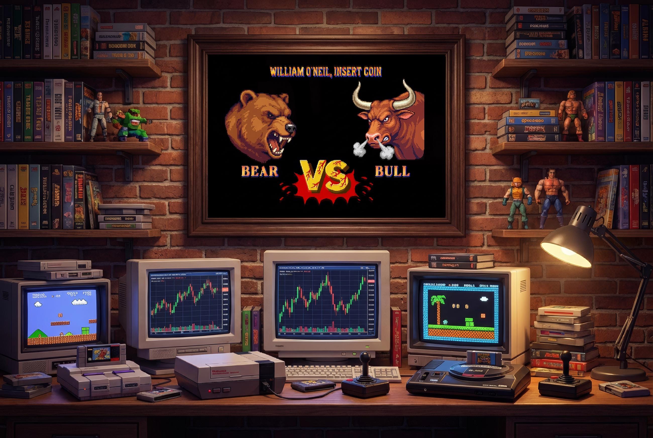 Kişiselleştirilmiş Bear vs Bull Retro Arcade Posteri | Özel İsimli Borsa Duvar Tablosu | Trader & Oyuncu Hediyesi | 3 Boyut Seçeneği