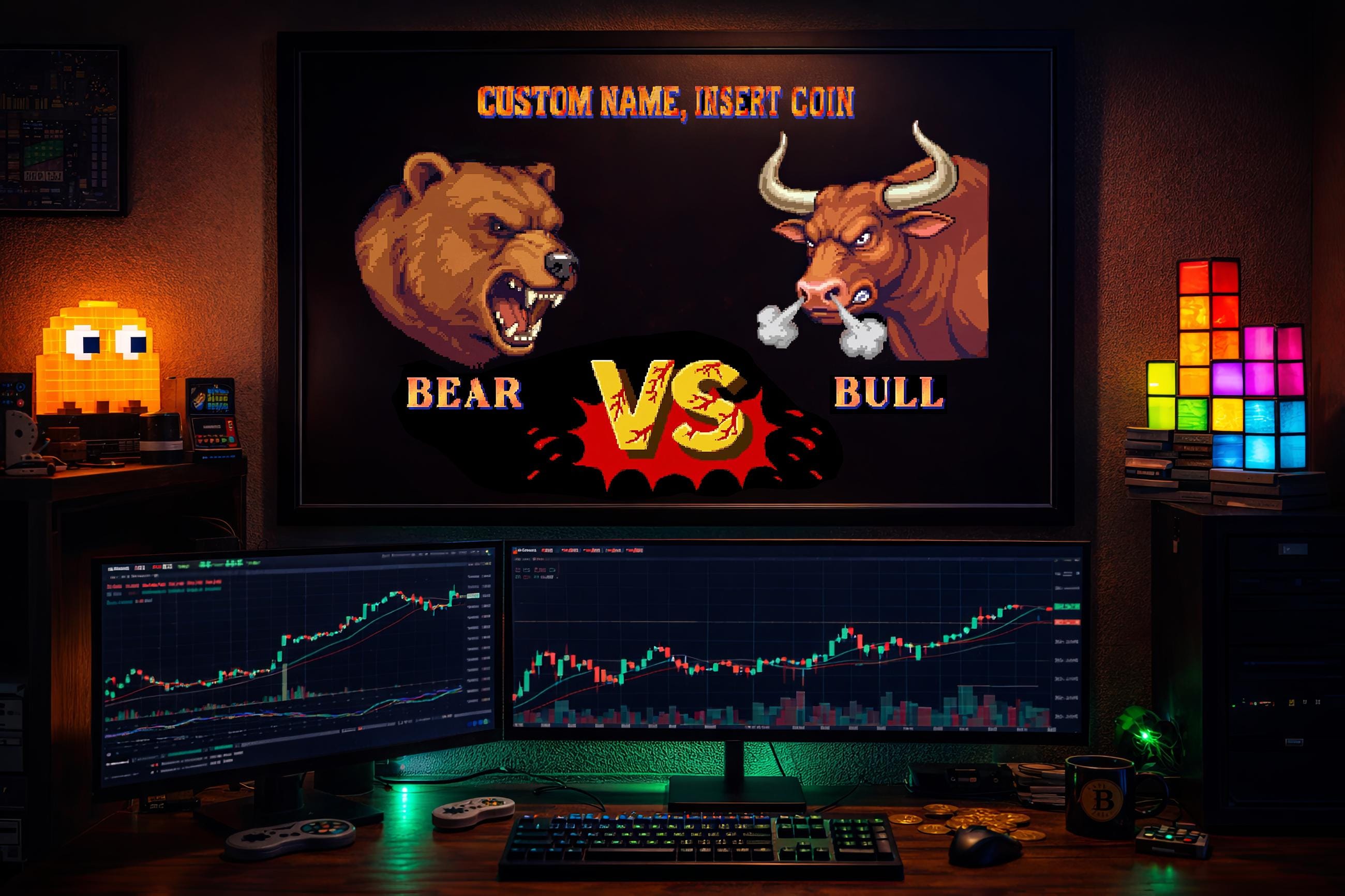 Kişiselleştirilmiş Bear vs Bull Retro Arcade Posteri | Özel İsimli Borsa Duvar Tablosu | Trader & Oyuncu Hediyesi | 3 Boyut Seçeneği