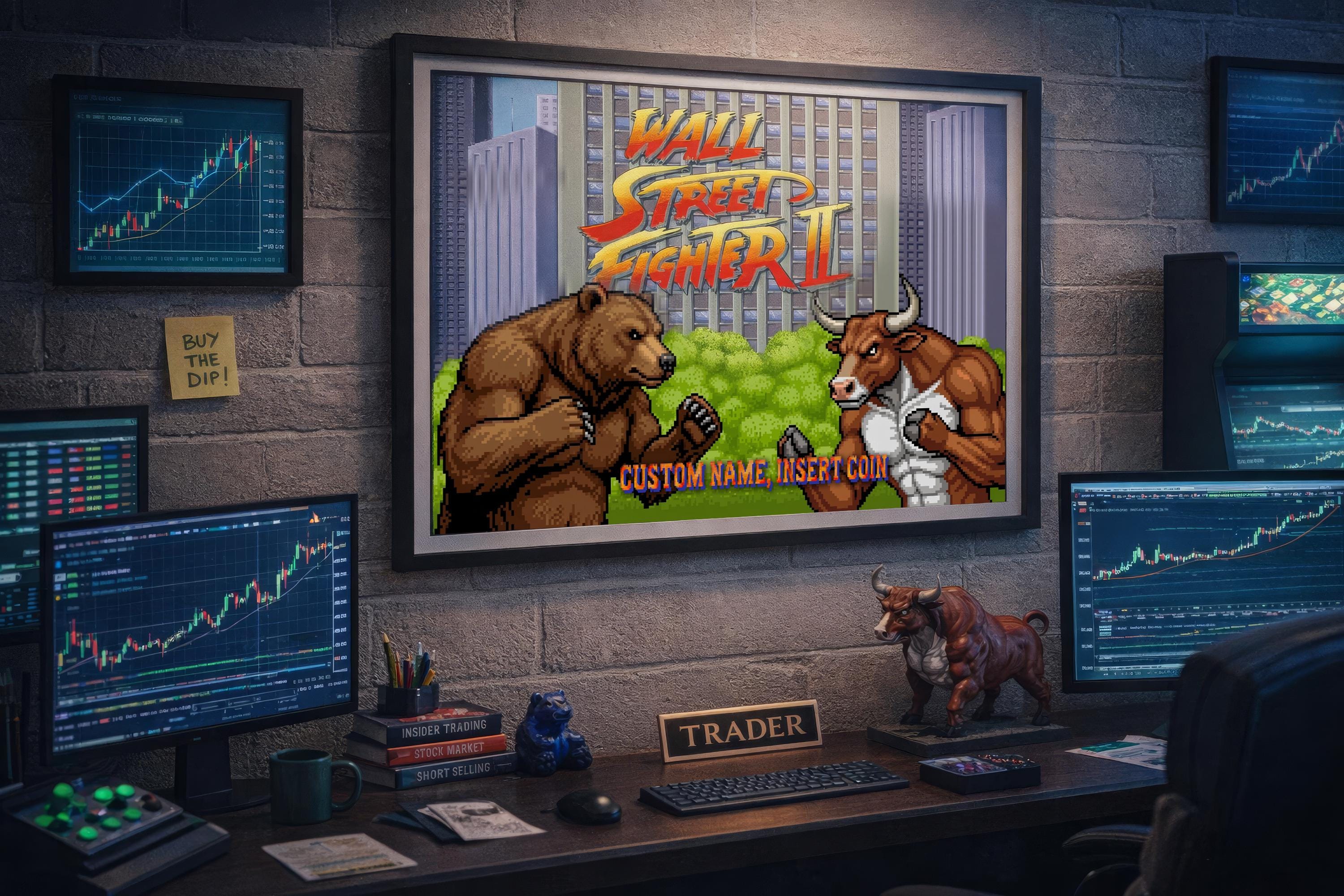 Wall Street Fighter II — Bear vs Bull Piksel Sanatı Posteri | Özel İsimli Retro Arcade Trader Duvar Tablosu | Kişiye Özel Hediye