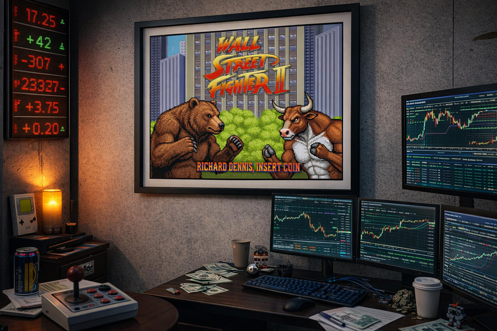 Wall Street Fighter II — Bear vs Bull Piksel Sanatı Posteri | Özel İsimli Retro Arcade Trader Duvar Tablosu | Kişiye Özel Hediye