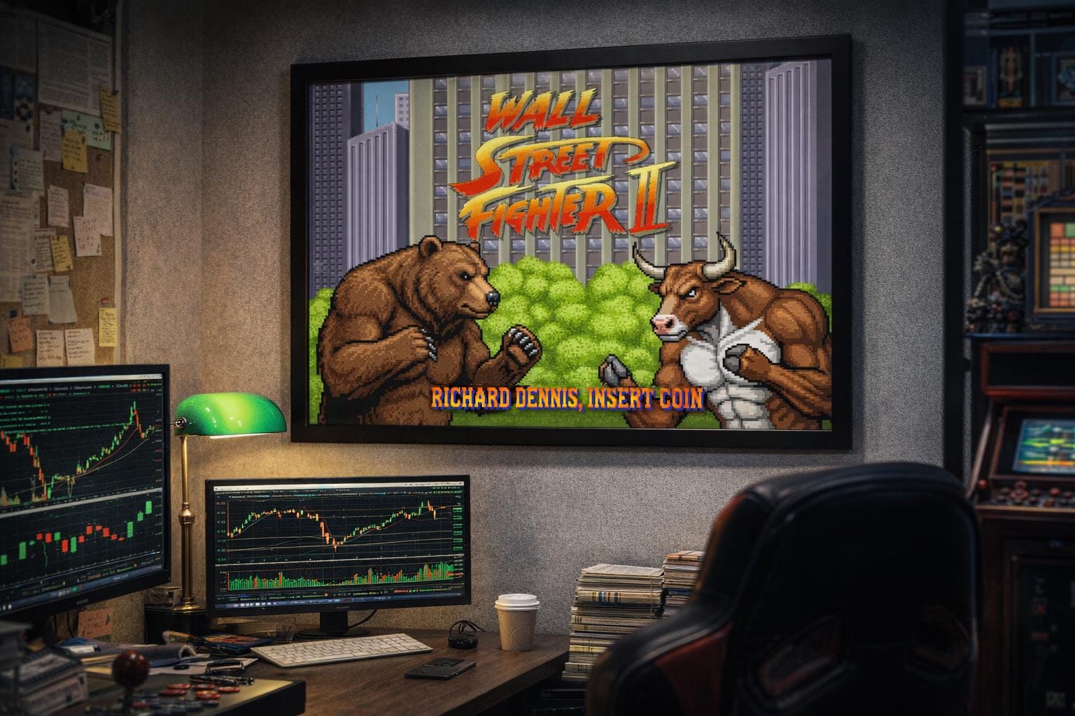 Wall Street Fighter II — Bear vs Bull Piksel Sanatı Posteri | Özel İsimli Retro Arcade Trader Duvar Tablosu | Kişiye Özel Hediye