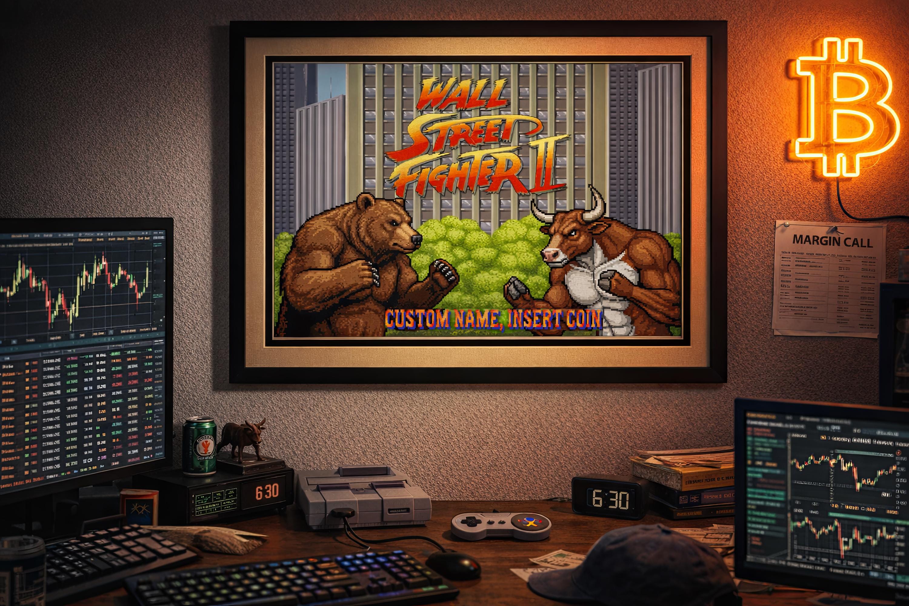 Wall Street Fighter II — Bear vs Bull Piksel Sanatı Posteri | Özel İsimli Retro Arcade Trader Duvar Tablosu | Kişiye Özel Hediye