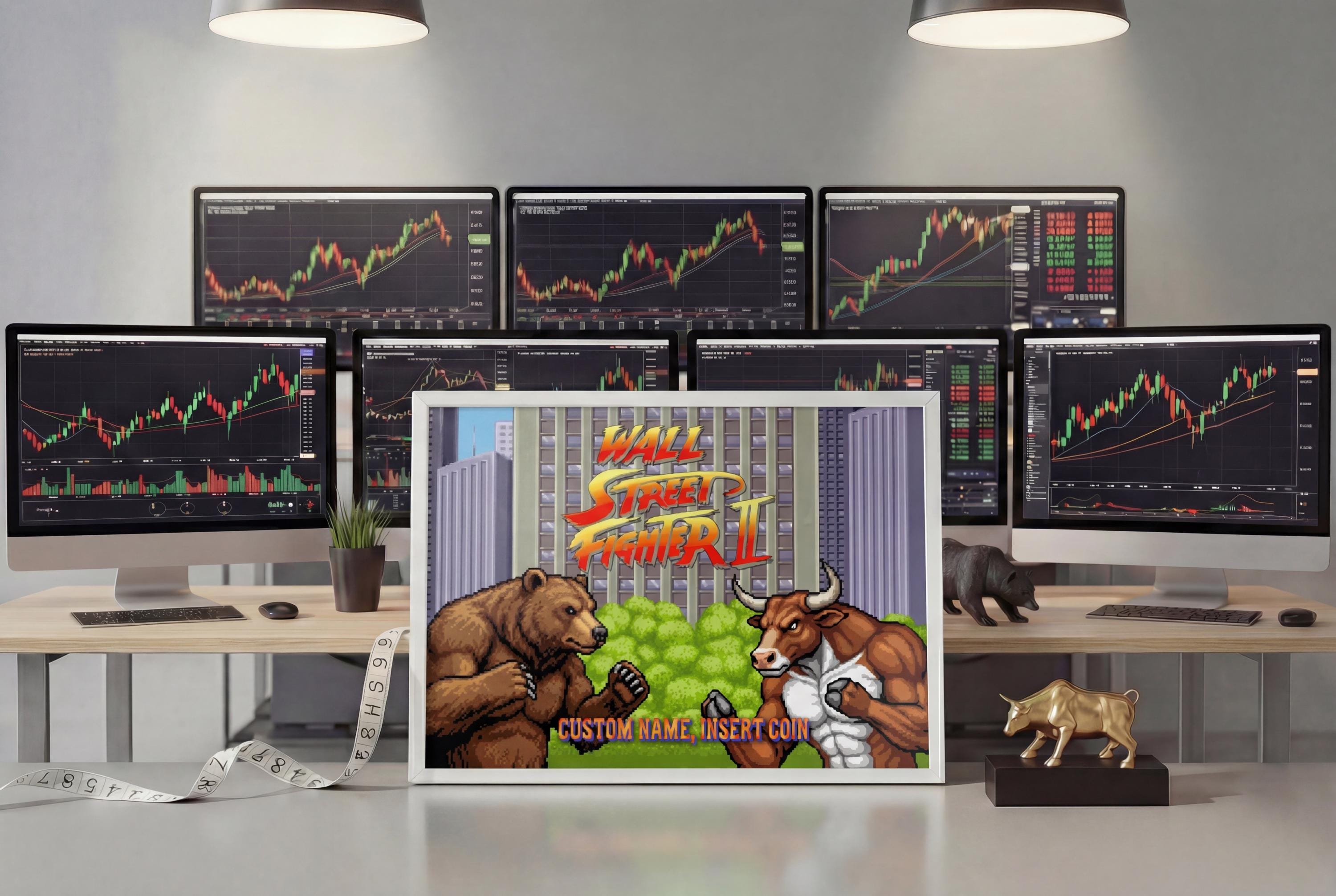Wall Street Fighter II — Bear vs Bull Piksel Sanatı Posteri | Özel İsimli Retro Arcade Trader Duvar Tablosu | Kişiye Özel Hediye