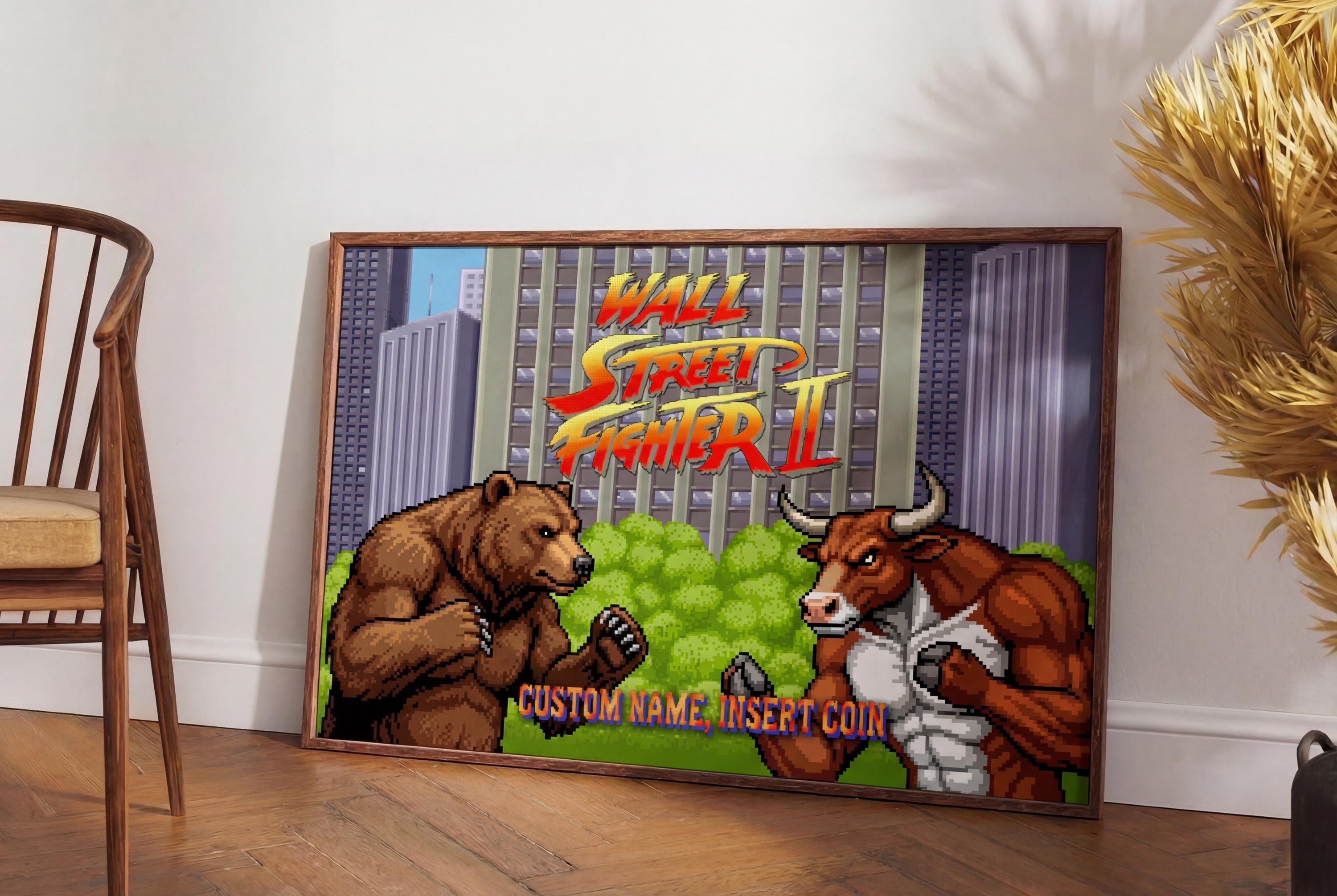 Wall Street Fighter II — Bear vs Bull Piksel Sanatı Posteri | Özel İsimli Retro Arcade Trader Duvar Tablosu | Kişiye Özel Hediye