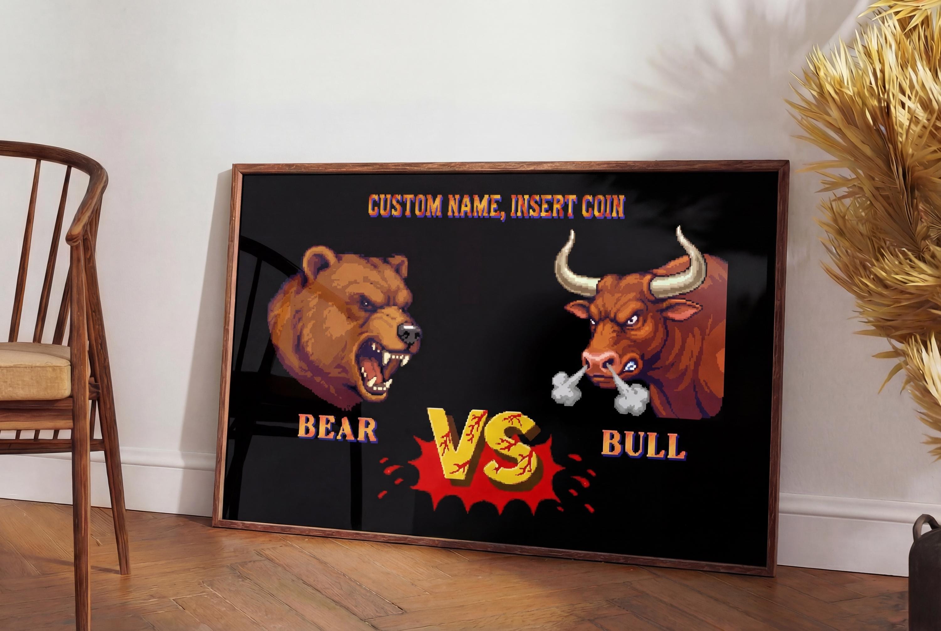 Kişiselleştirilmiş Bear vs Bull Retro Arcade Posteri | Özel İsimli Borsa Duvar Tablosu | Trader & Oyuncu Hediyesi | 3 Boyut Seçeneği