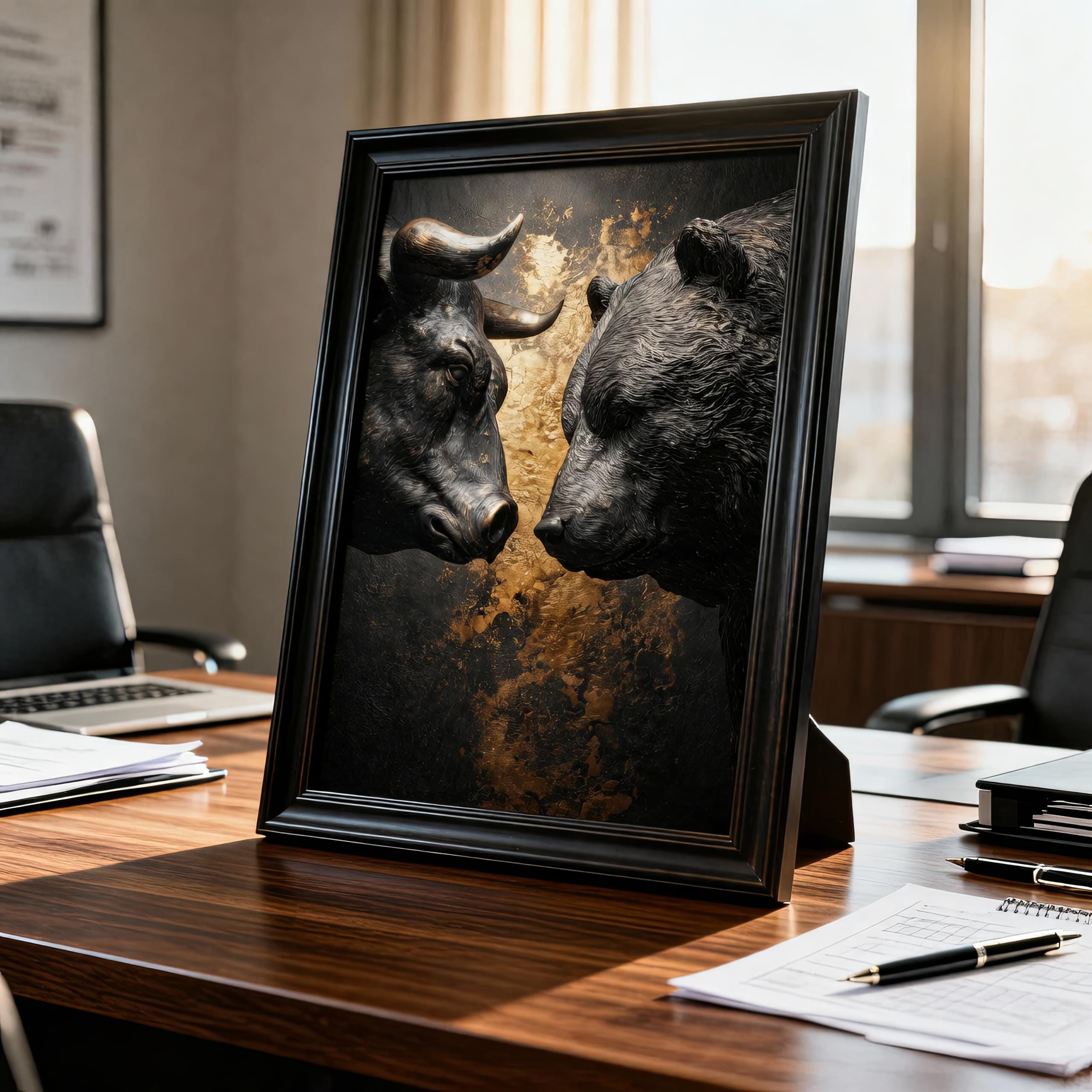 Boğa vs Ayı Borsa Sanat Baskısı — Finans Dünyasının İkonik Savaşı | Borsa Tablosu | Yatırımcı Hediyesi
