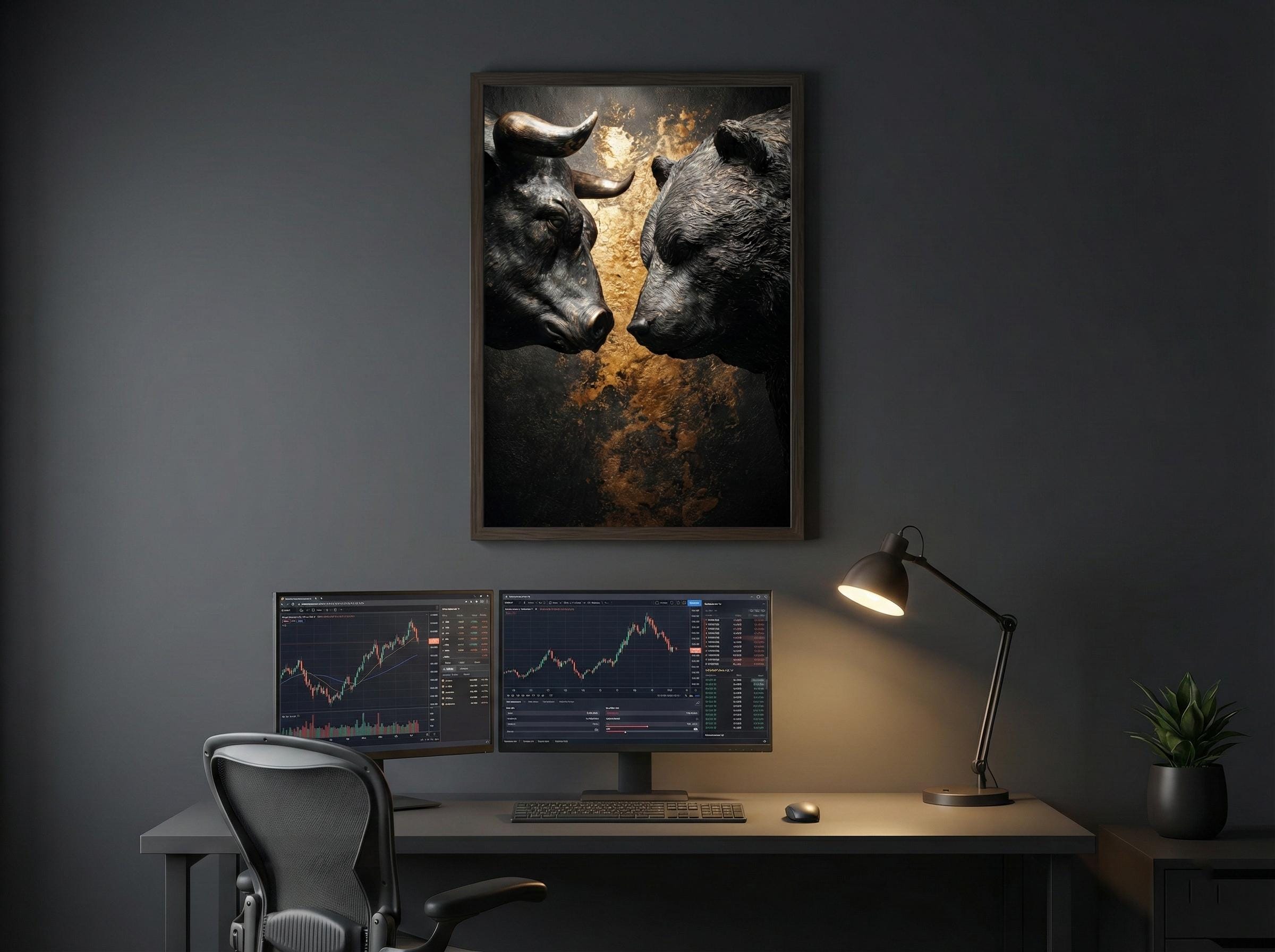 Boğa vs Ayı Borsa Sanat Baskısı — Finans Dünyasının İkonik Savaşı | Borsa Tablosu | Yatırımcı Hediyesi