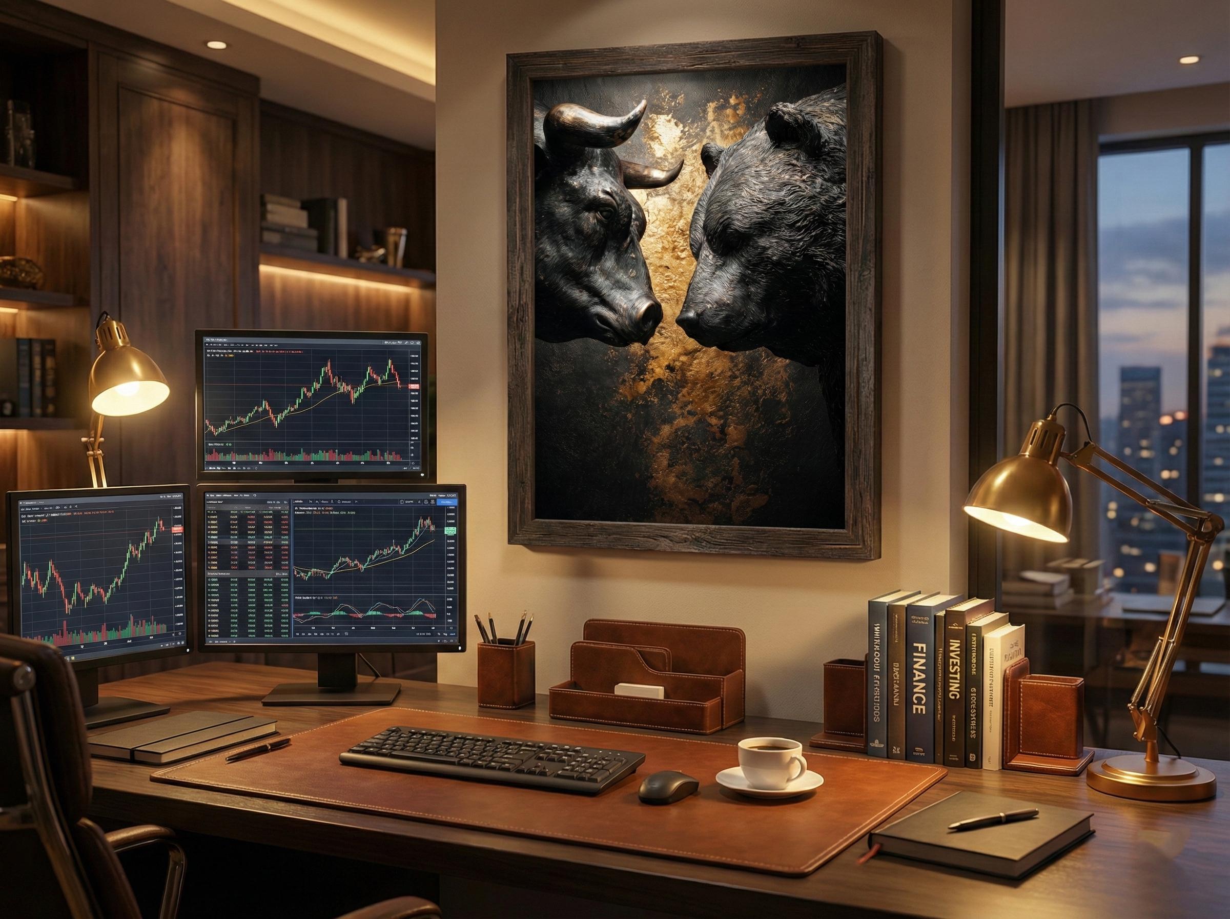 Boğa vs Ayı Borsa Sanat Baskısı — Finans Dünyasının İkonik Savaşı | Borsa Tablosu | Yatırımcı Hediyesi