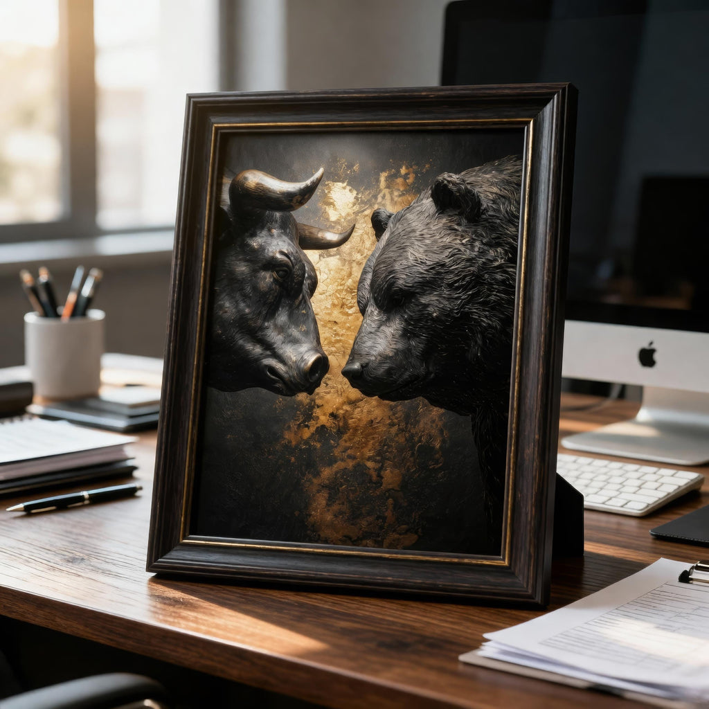 Boğa vs Ayı Borsa Sanat Baskısı — Finans Dünyasının İkonik Savaşı | Borsa Tablosu | Yatırımcı Hediyesi