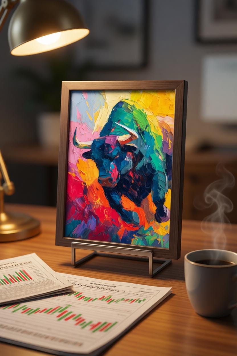 Bull Market Soyut Sanat Posteri | Spatula Tekniği Tarzı Ekspresyonist Boğa Tablosu | Borsa & Finans Ofis Dekoru | Trader Hediyesi