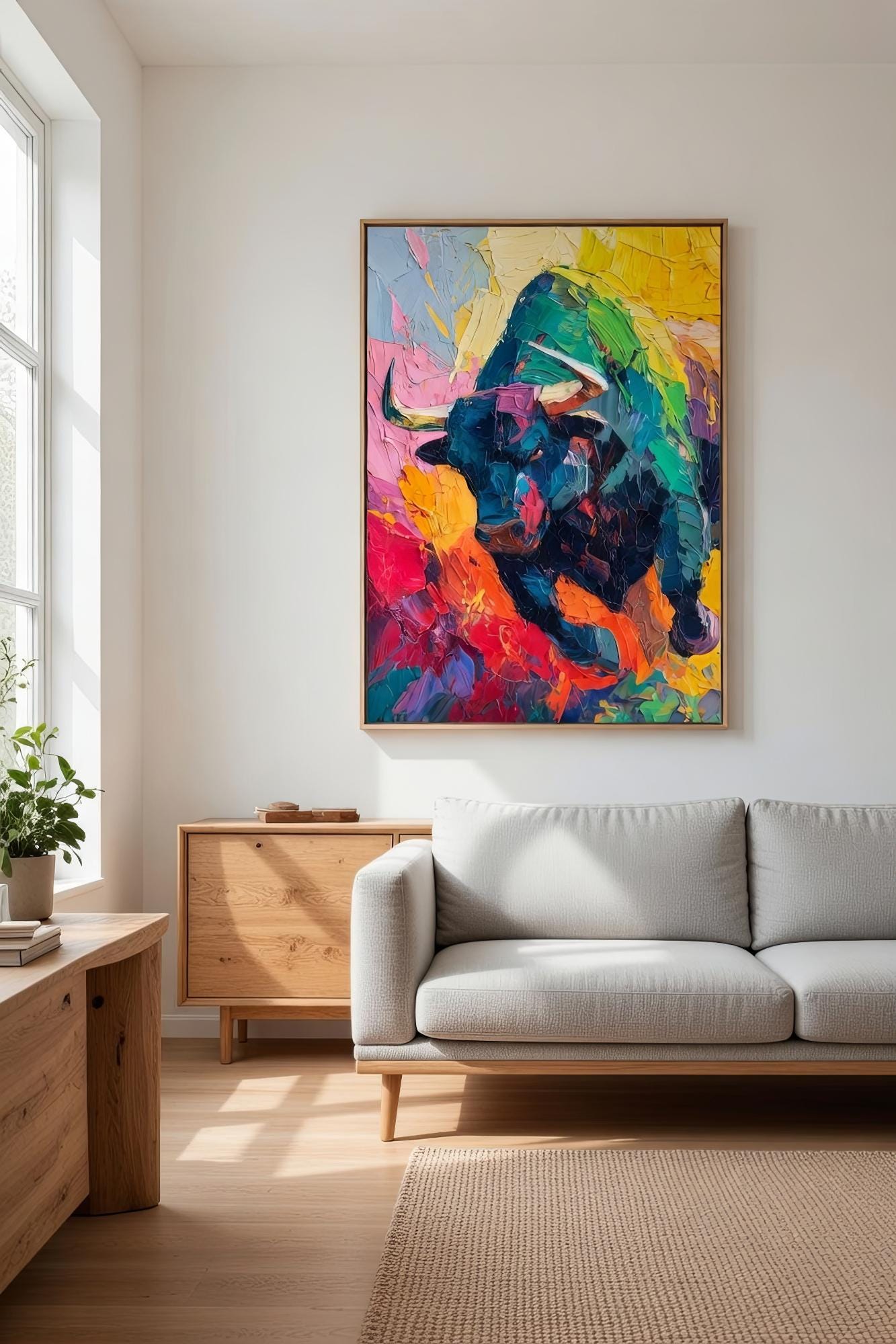 Bull Market Soyut Sanat Posteri | Spatula Tekniği Tarzı Ekspresyonist Boğa Tablosu | Borsa & Finans Ofis Dekoru | Trader Hediyesi
