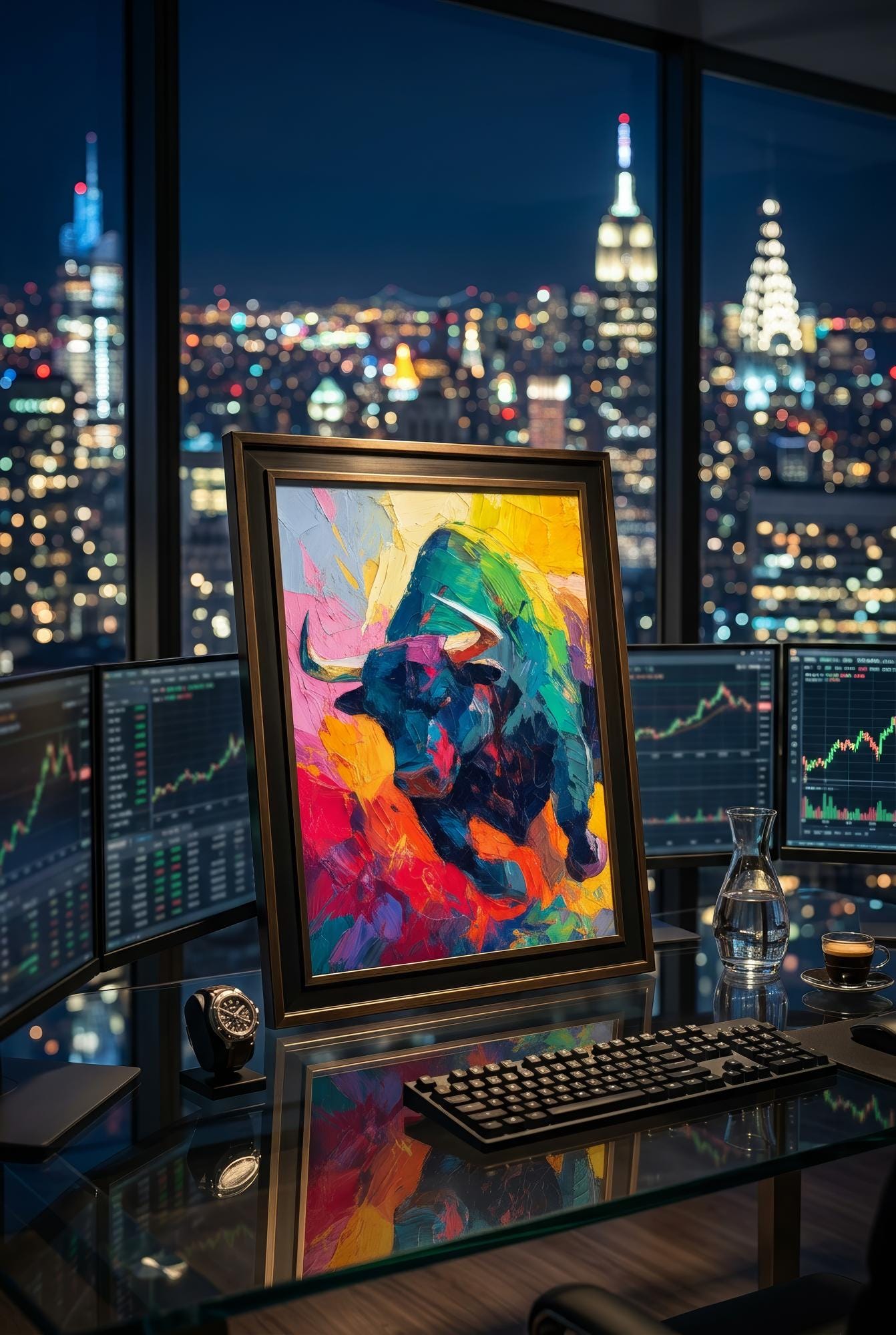 Bull Market Soyut Sanat Posteri | Spatula Tekniği Tarzı Ekspresyonist Boğa Tablosu | Borsa & Finans Ofis Dekoru | Trader Hediyesi