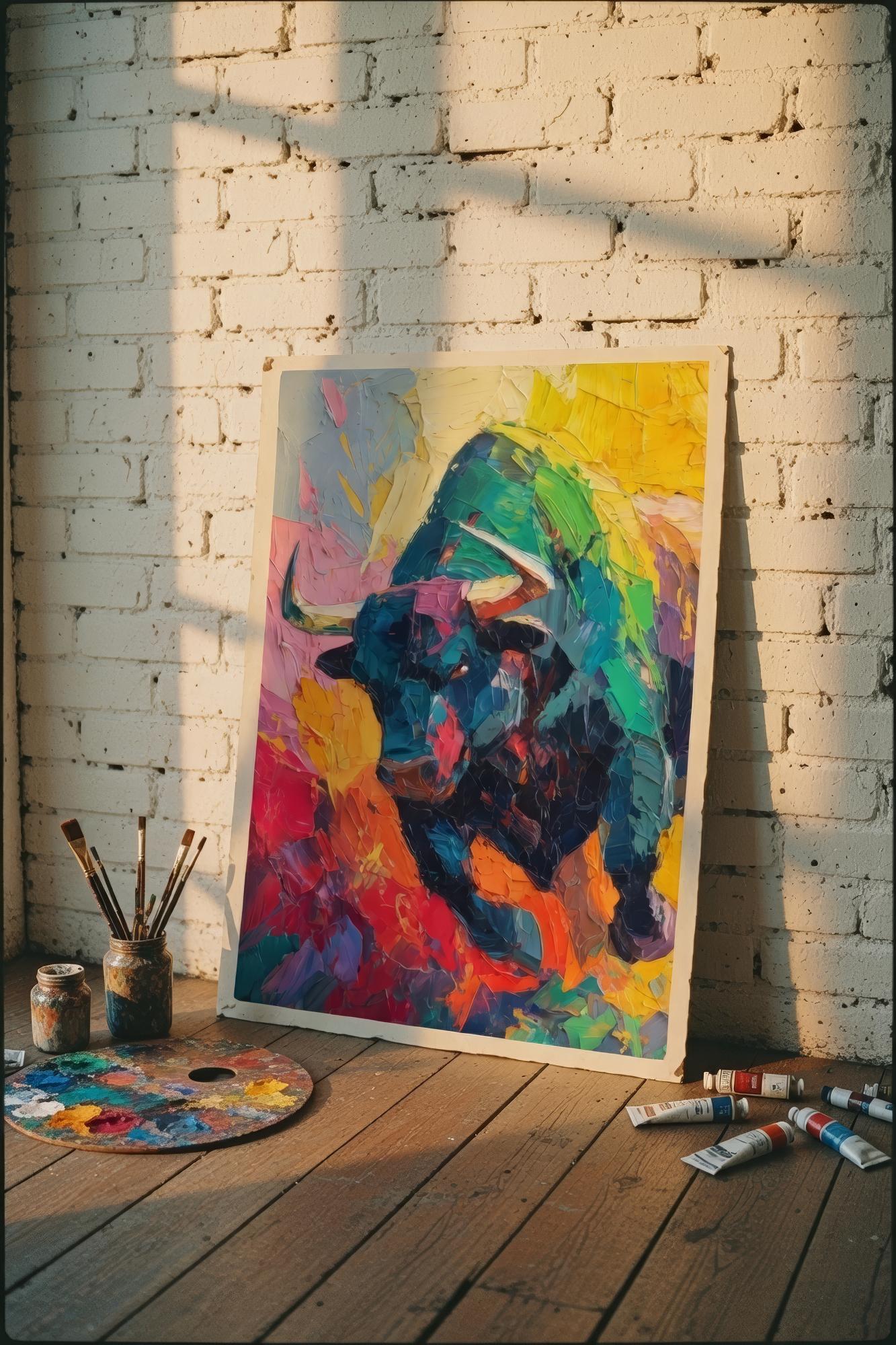 Bull Market Soyut Sanat Posteri | Spatula Tekniği Tarzı Ekspresyonist Boğa Tablosu | Borsa & Finans Ofis Dekoru | Trader Hediyesi