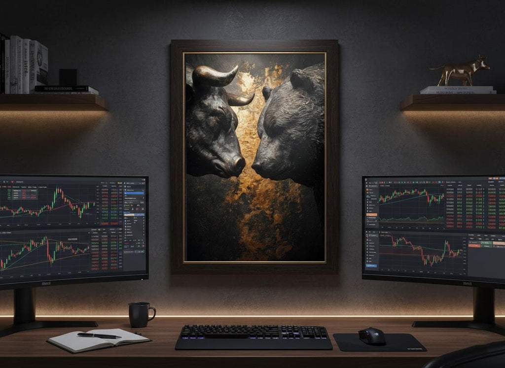 Boğa vs Ayı Borsa Sanat Baskısı — Finans Dünyasının İkonik Savaşı | Borsa Tablosu | Yatırımcı Hediyesi