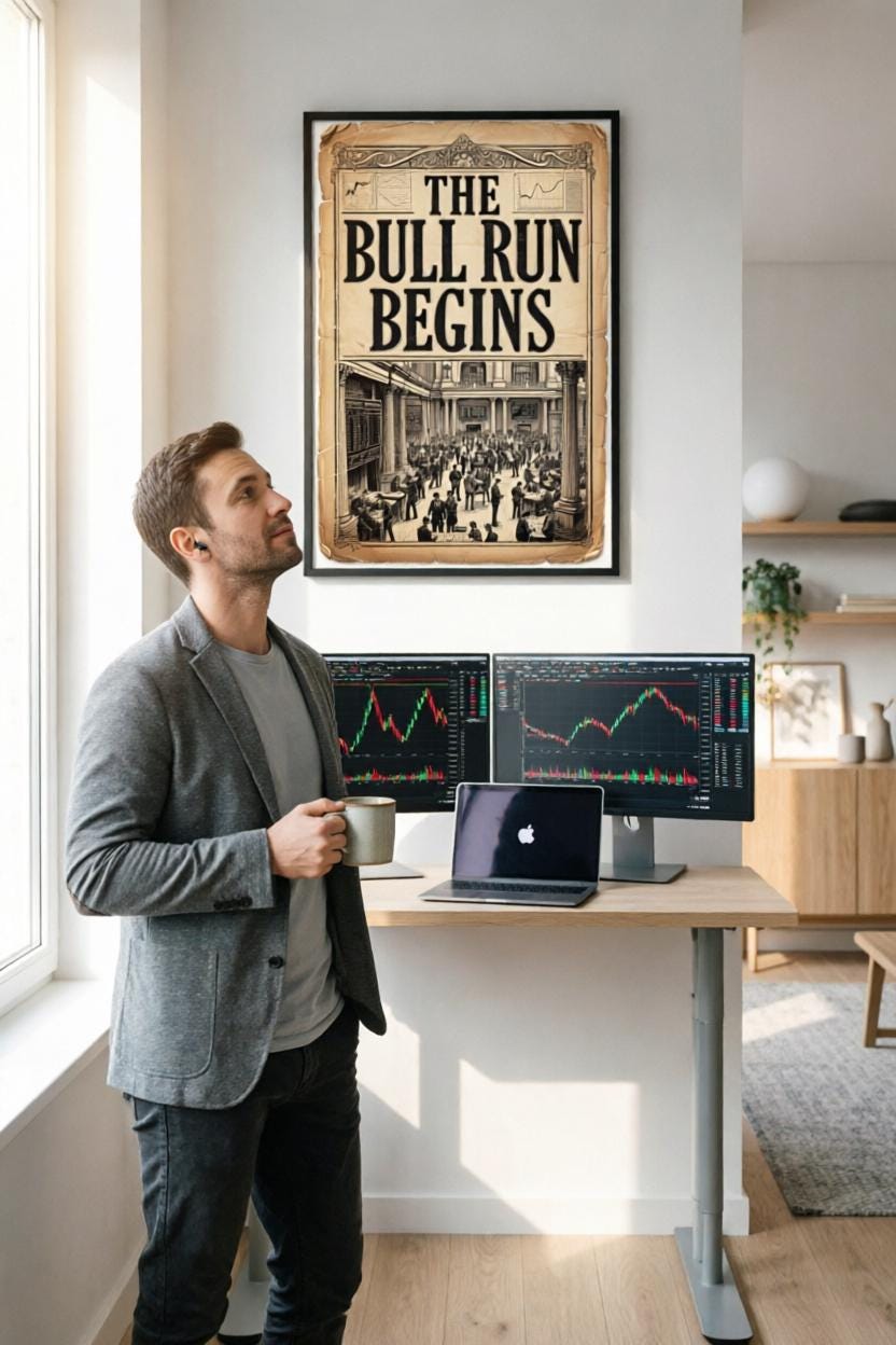 Vintage Borsa Posteri | The Bull Run Begins | Wall Street Sanatı | Finansal Tarih Dekorasyonu