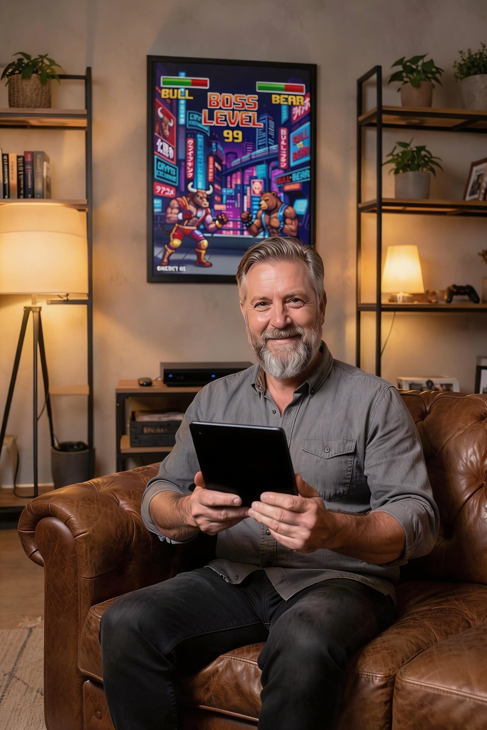 Retro Oyun Boğa Ayı Dövüşü Posteri | 80'ler Arcade Piksel Sanatı | Borsa Kripto Duvar Dekoru | Neon Siberpunk Tokyo