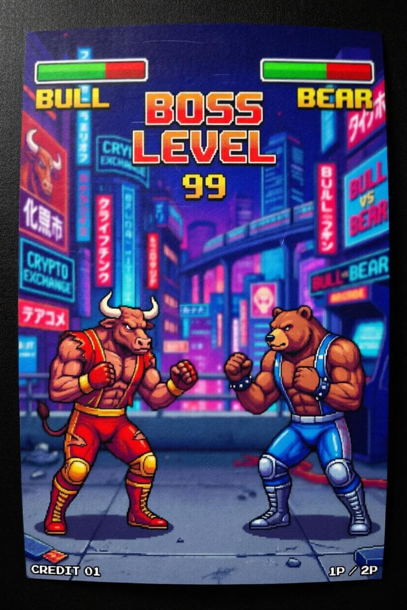 Retro Oyun Boğa Ayı Dövüşü Posteri | 80'ler Arcade Piksel Sanatı | Borsa Kripto Duvar Dekoru | Neon Siberpunk Tokyo