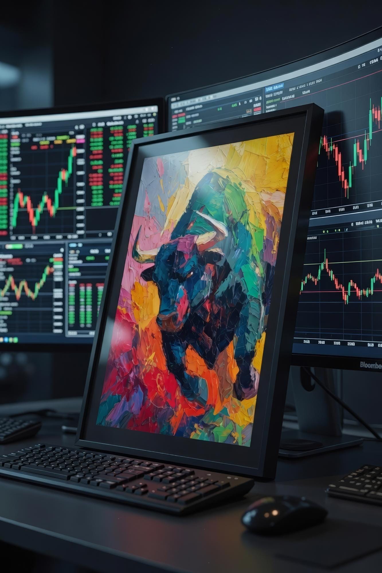 Bull Market Soyut Sanat Posteri | Spatula Tekniği Tarzı Ekspresyonist Boğa Tablosu | Borsa & Finans Ofis Dekoru | Trader Hediyesi