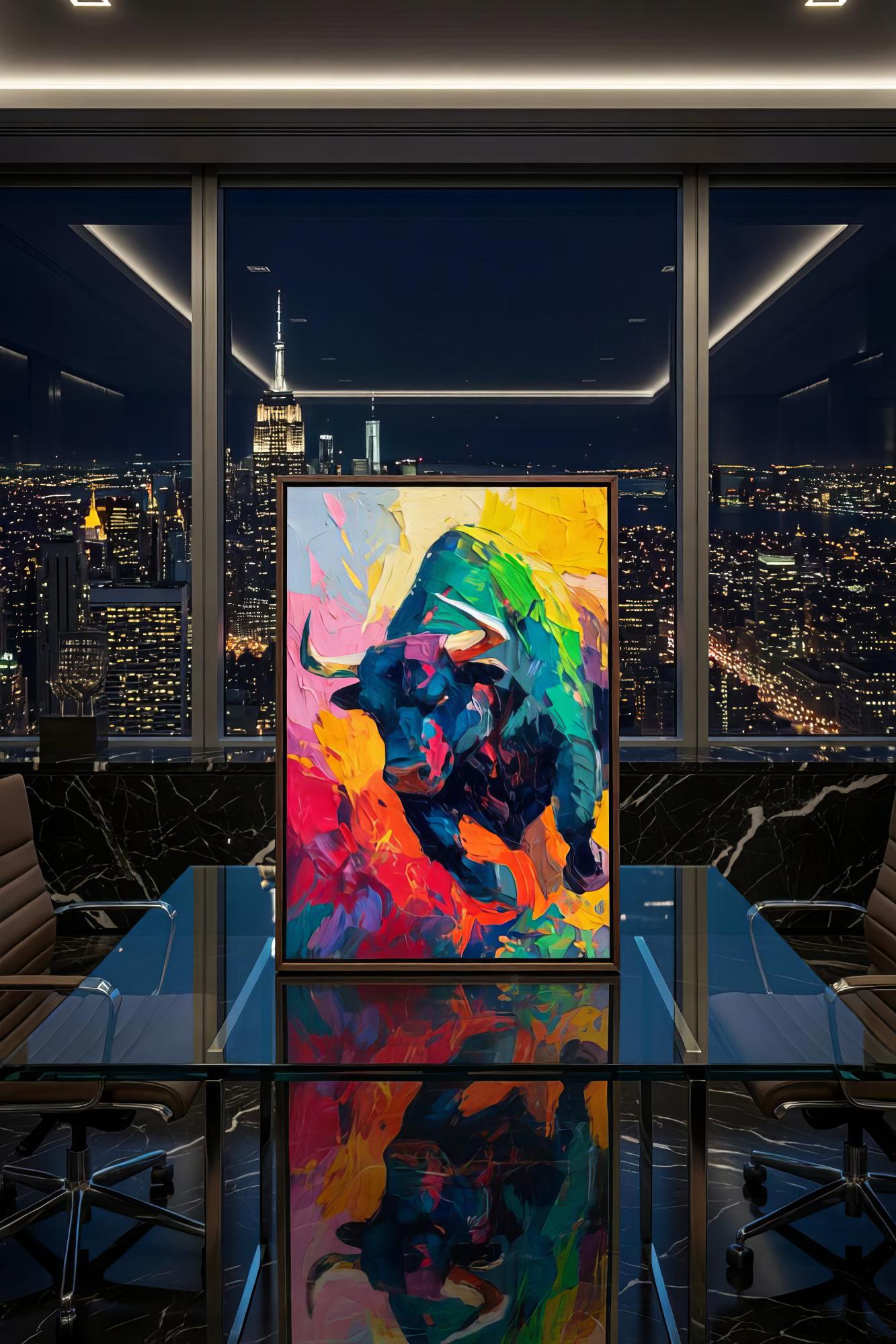Bull Market Soyut Sanat Posteri | Spatula Tekniği Tarzı Ekspresyonist Boğa Tablosu | Borsa & Finans Ofis Dekoru | Trader Hediyesi