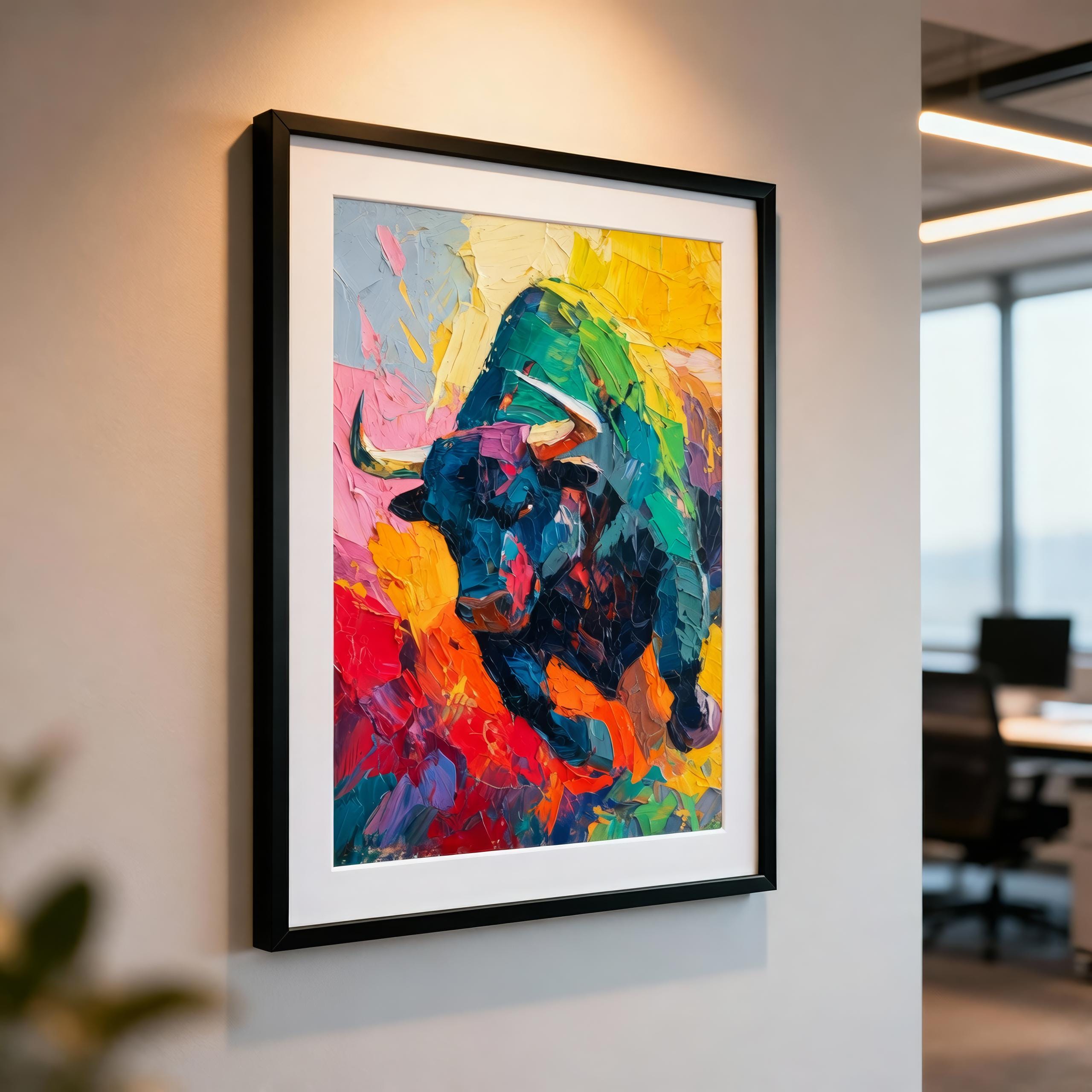 Bull Market Soyut Sanat Posteri | Spatula Tekniği Tarzı Ekspresyonist Boğa Tablosu | Borsa & Finans Ofis Dekoru | Trader Hediyesi