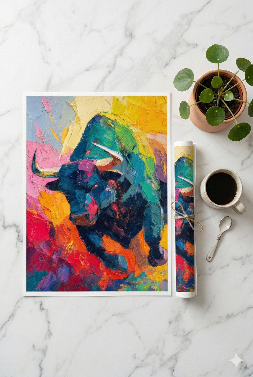 Bull Market Soyut Sanat Posteri | Spatula Tekniği Tarzı Ekspresyonist Boğa Tablosu | Borsa & Finans Ofis Dekoru | Trader Hediyesi