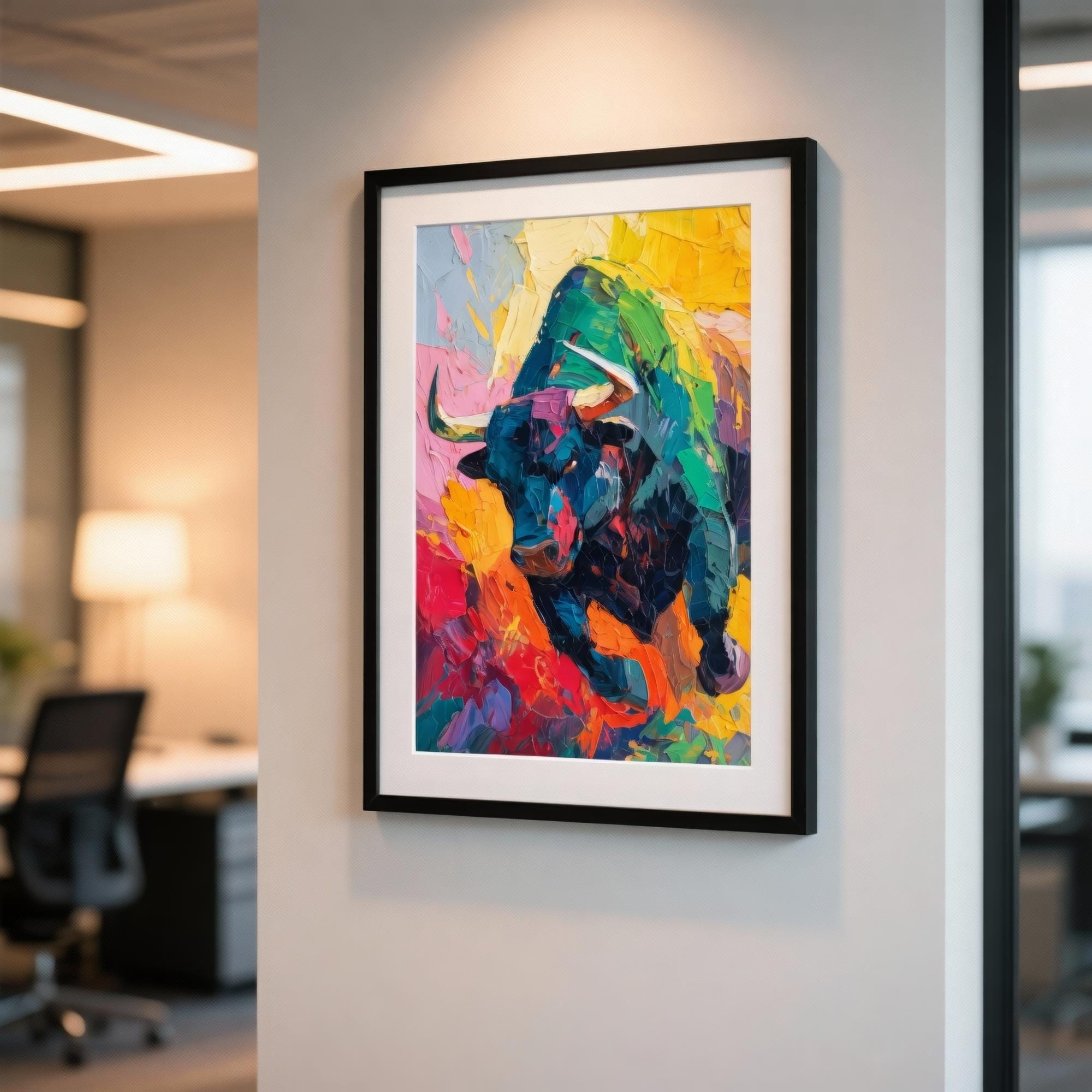 Bull Market Soyut Sanat Posteri | Spatula Tekniği Tarzı Ekspresyonist Boğa Tablosu | Borsa & Finans Ofis Dekoru | Trader Hediyesi