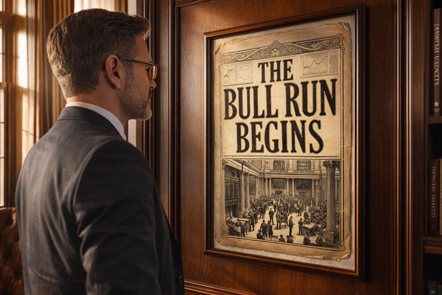 Vintage Borsa Posteri | The Bull Run Begins | Wall Street Sanatı | Finansal Tarih Dekorasyonu