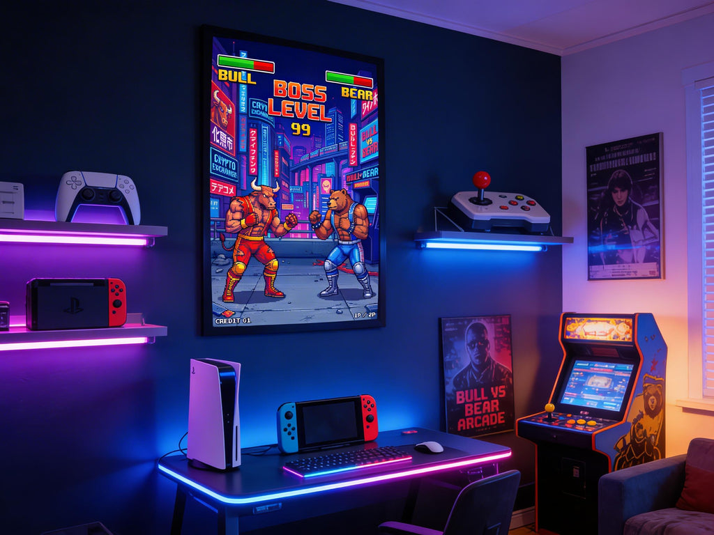 Retro Oyun Boğa Ayı Dövüşü Posteri | 80'ler Arcade Piksel Sanatı | Borsa Kripto Duvar Dekoru | Neon Siberpunk Tokyo